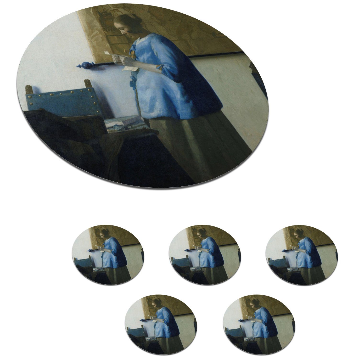 Getränkeuntersetzer, Korkuntersetzer, Tassenuntersetzer, einen Tasse, Zubehör Brief Gläser, für Johannes Blau Becher 6-tlg., Gemälde in MuchoWow liest Glasuntersetzer - Frau Vermeer, von