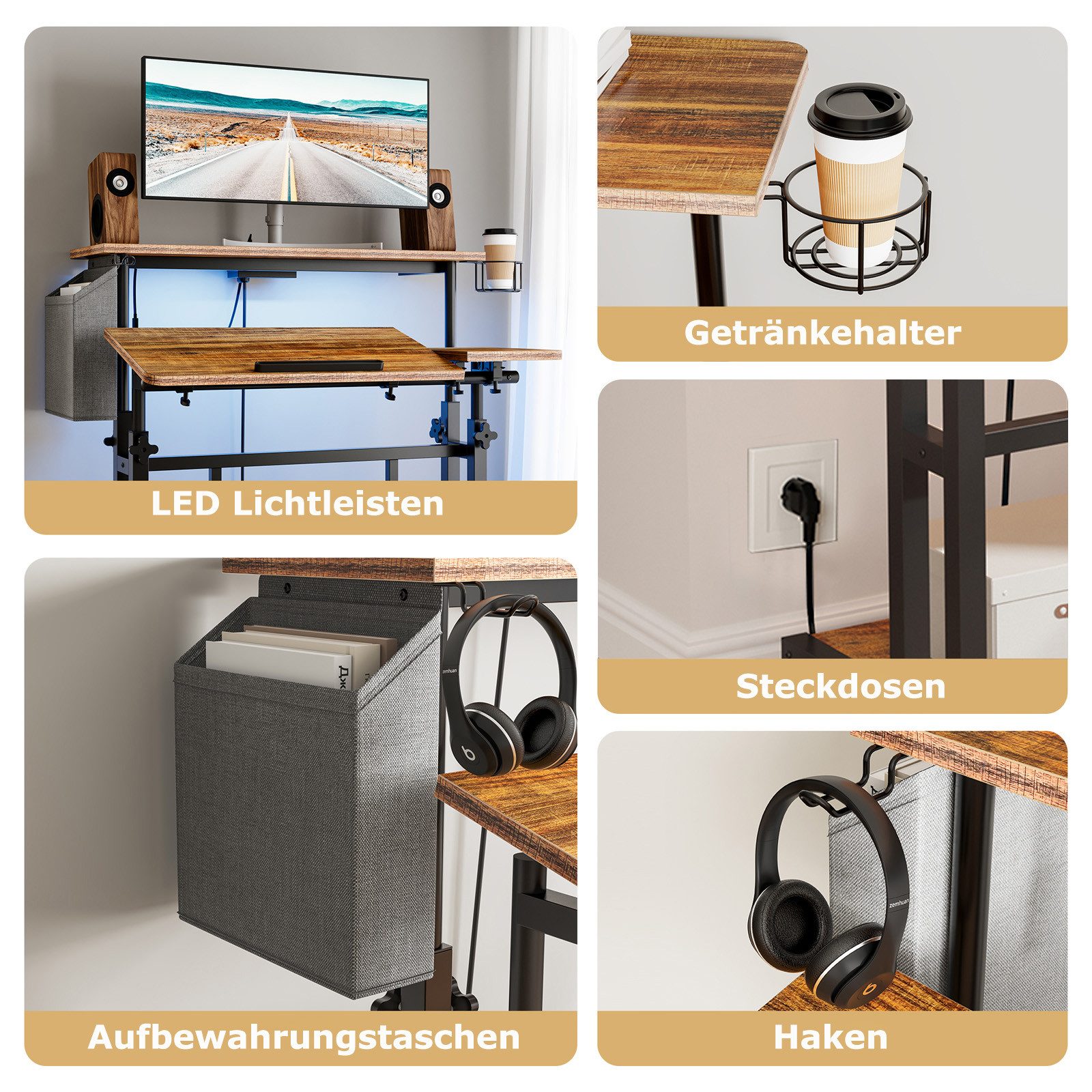 YOLEO Computertisch Höhenverstellbarer Stehpult mit Steckdosen und LED Licht, 80x60cm, Vintage Braun