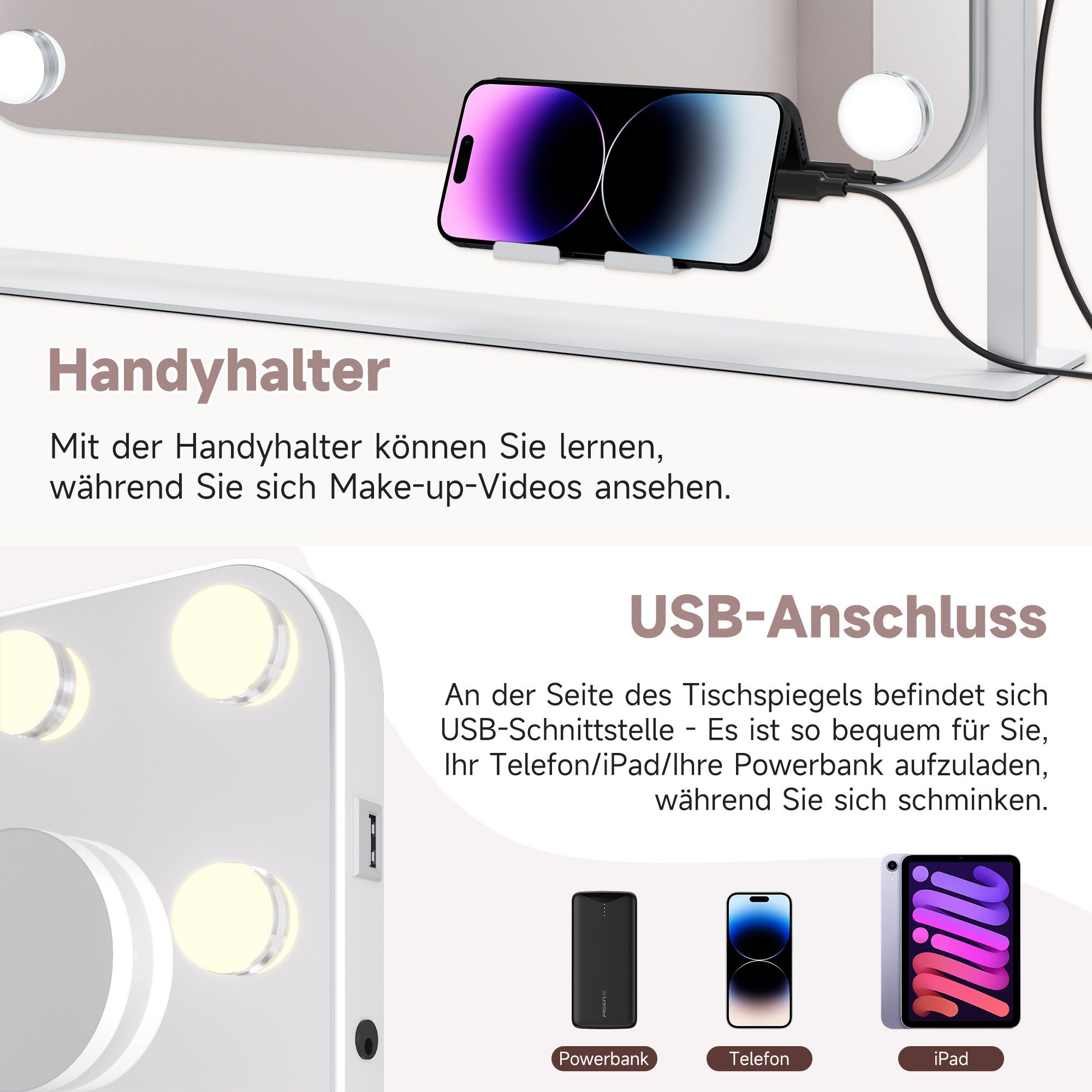 SONNI Schminkspiegel LED-Schminkspiegel mit 10-facher Lupe und Mobiltelefonhalterung, 55X47cm