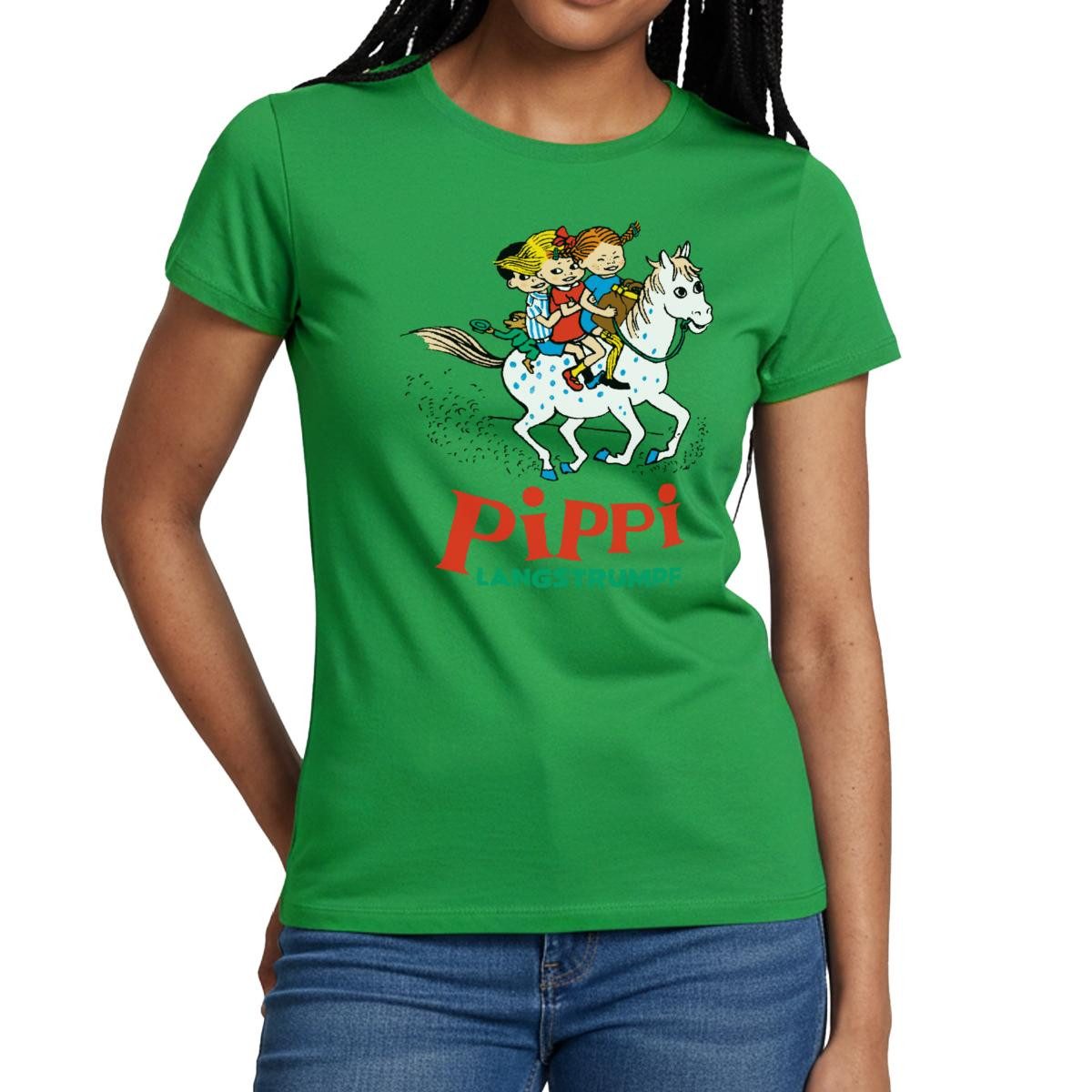 Spreadshirt T-Shirt Pippi Langstrumpf Ausritt Mit Annika Und Tommy Frauen T-Shirt (1-tlg) Slim Fit, fällt klein aus
