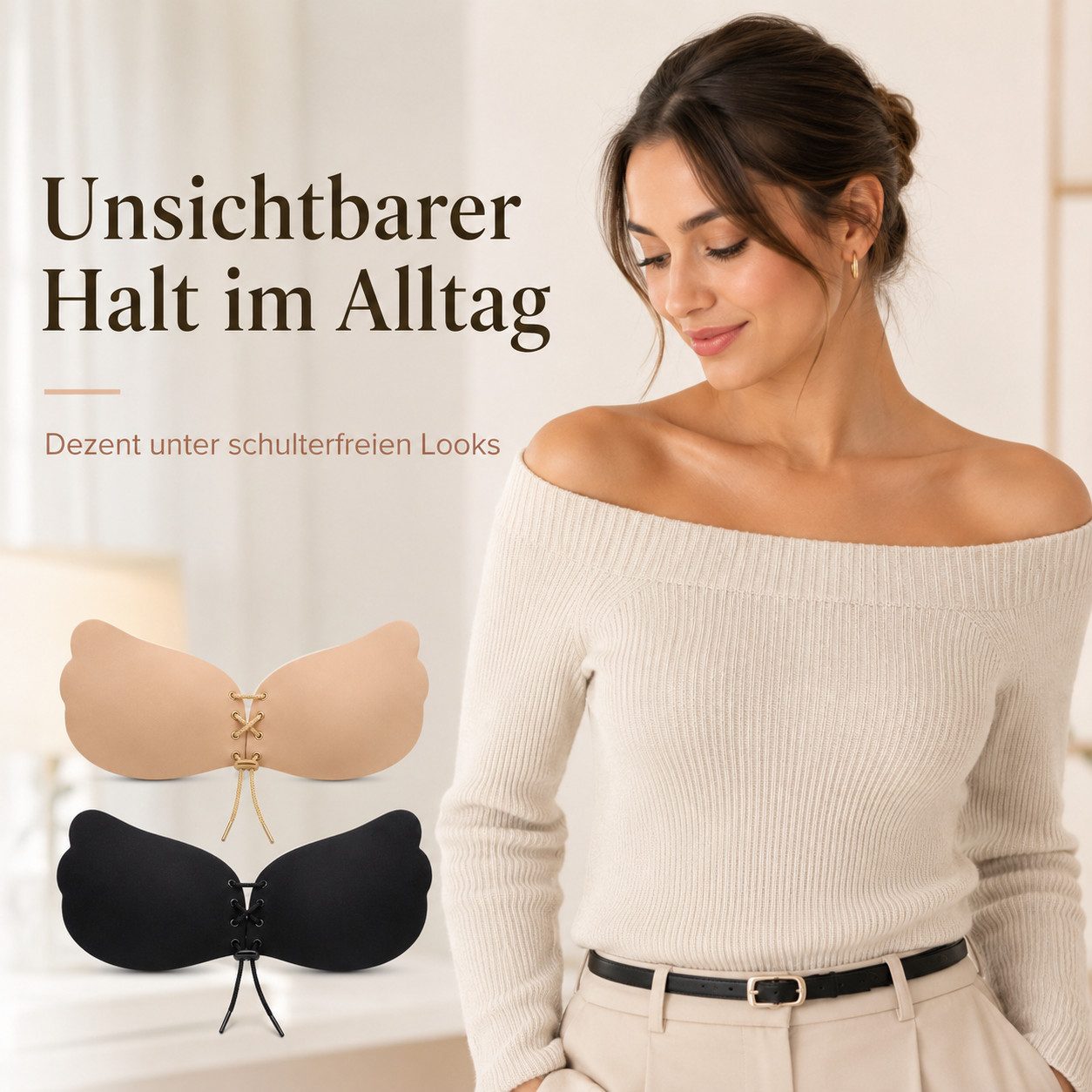 Diyarts Set: Push-up-BH (2× selbstklebender Push-Up-BH (1× beige, 1× schwarz) Trägerlos & rückenfrei – unsichtbar unter jedem Outfit