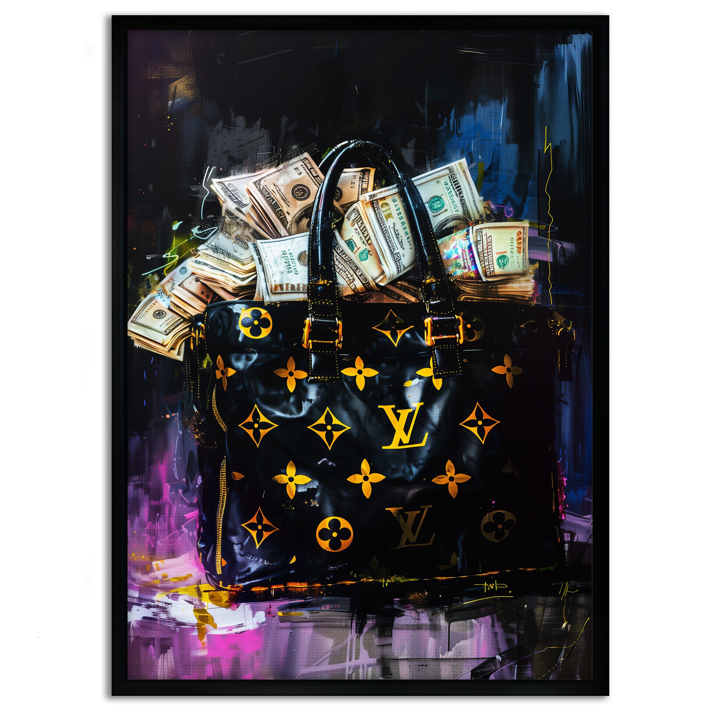 SimpleCanvas Wandbild Money Stacks - Leinwandbild Pop Art / Luxuriös, Wandbild Street Art, Geld, Modern, Tasche