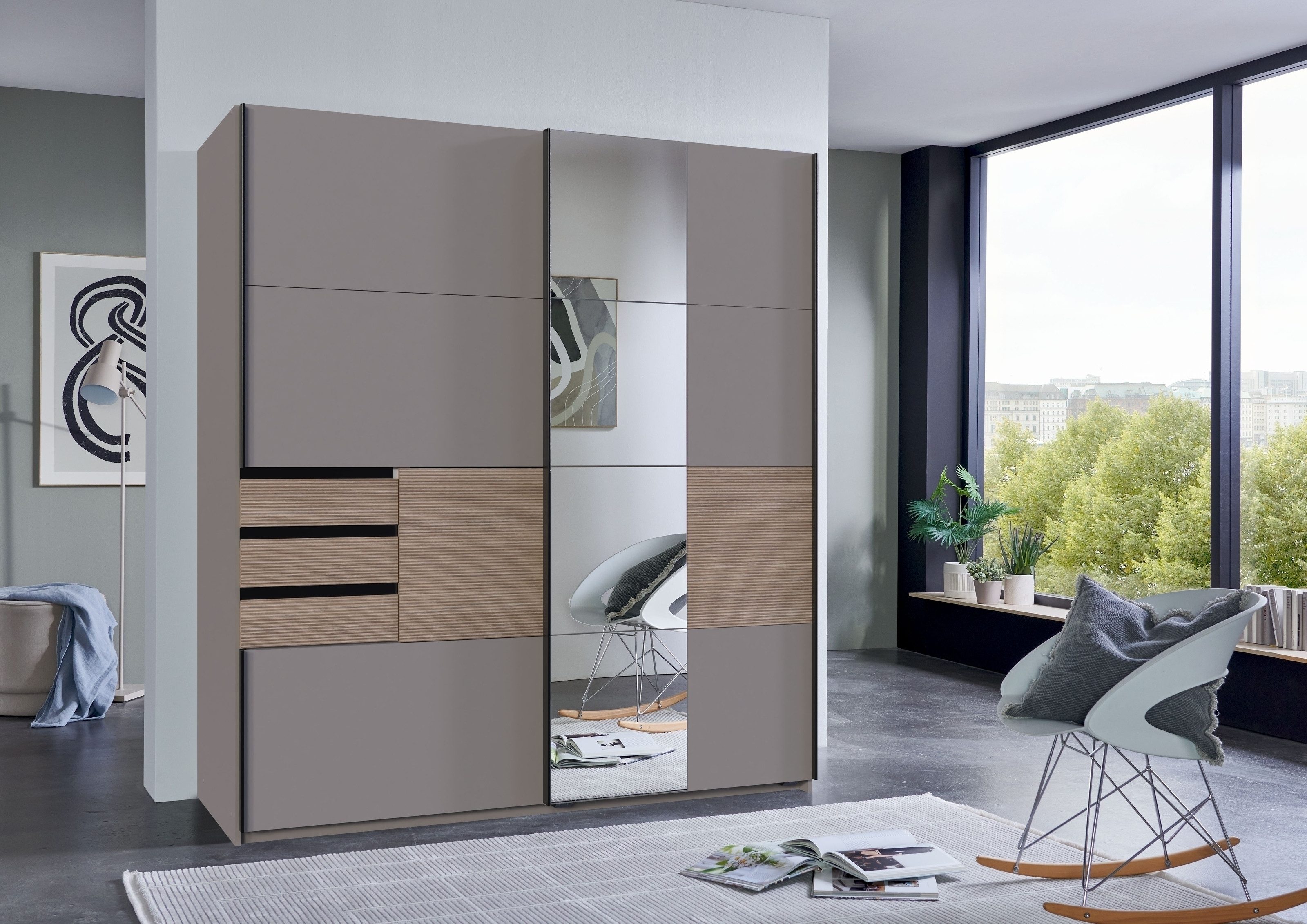 freiraum Schwebetürenschrank Bremen in SAHARAGRAU / MULTIPLEX - 180x198x65cm (BxHxT)