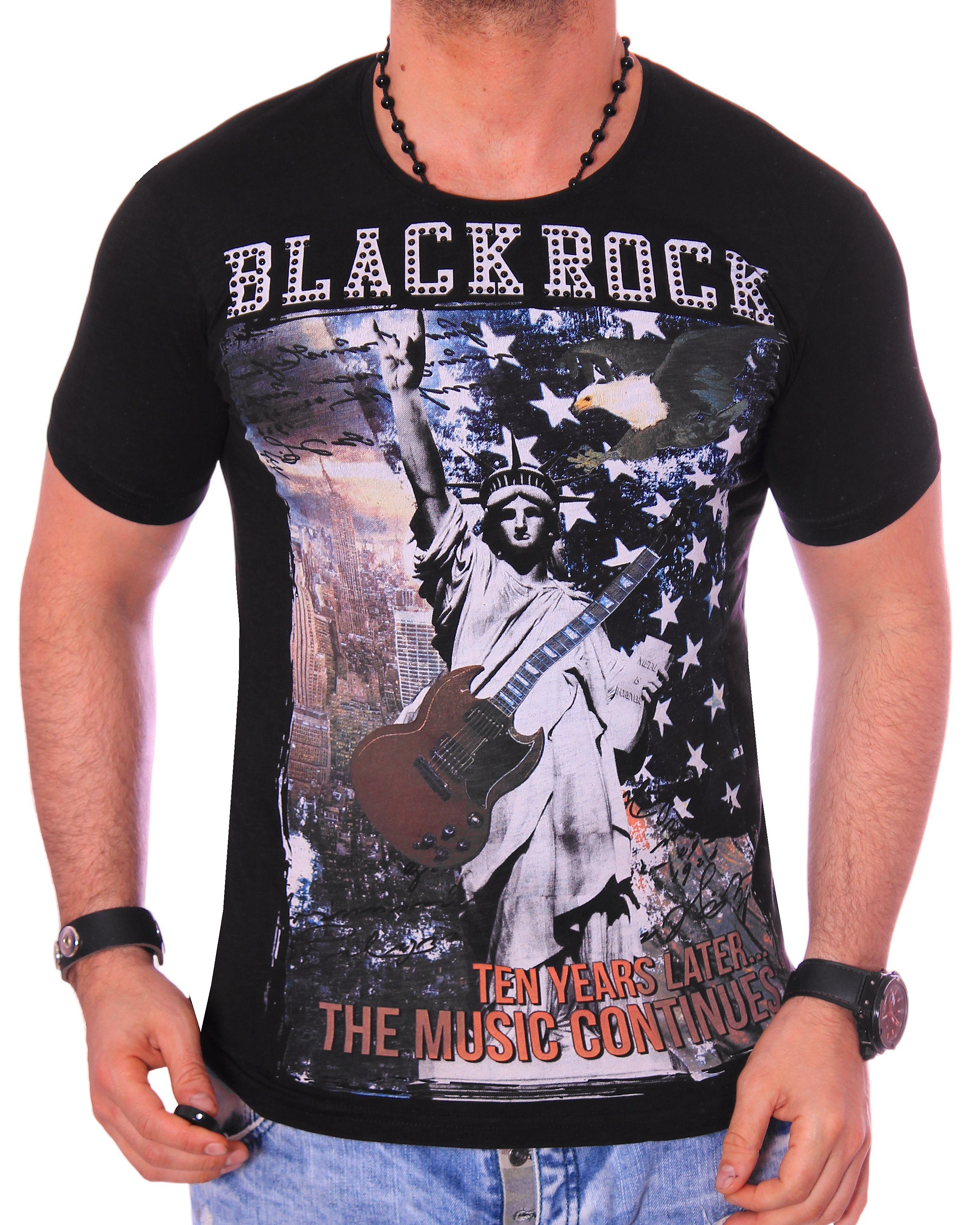 T-Shirt kurzarm Shirt Herren Schwarz BLACKROCK Rundhals Amerika Urlaub USA T-Shirt Slim-Fit bedruckt Print