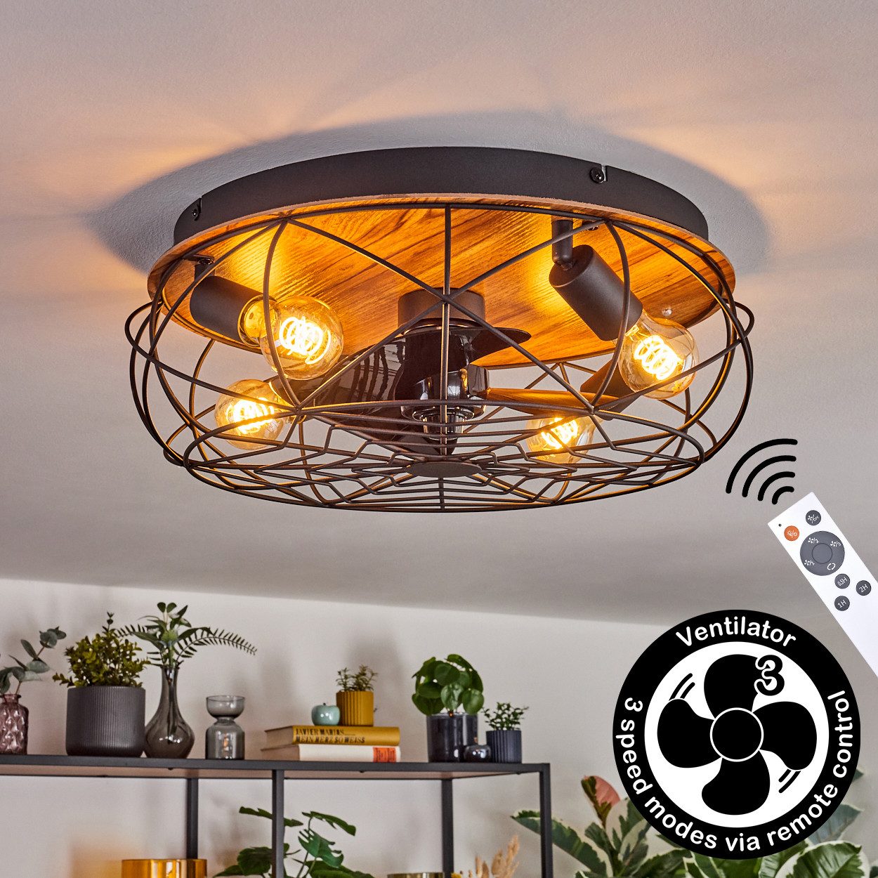 hofstein Deckenventilator Ventilator aus Metall/MDF in Schwarz/Holzoptik, Retro/Vintage-Deckenleuchte, Gitter-Optik, Lichteffekt, Fernbedienung