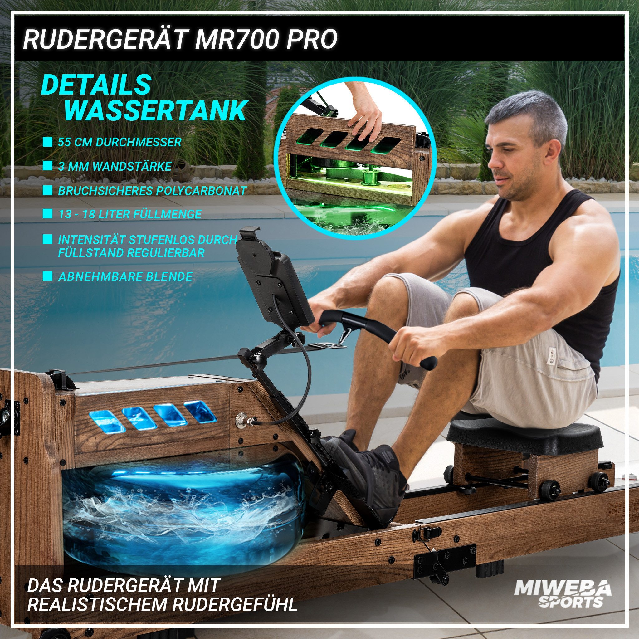 Miweba Sports Rudergerät MR700 PRO klappbar (Rudergerät mit Wasser, Rudergerät klaüübar für zuhause, Rudergerät Holz, Rudermaschine, Heimtrainer), Wassertank, Herzfrequenzarmband
