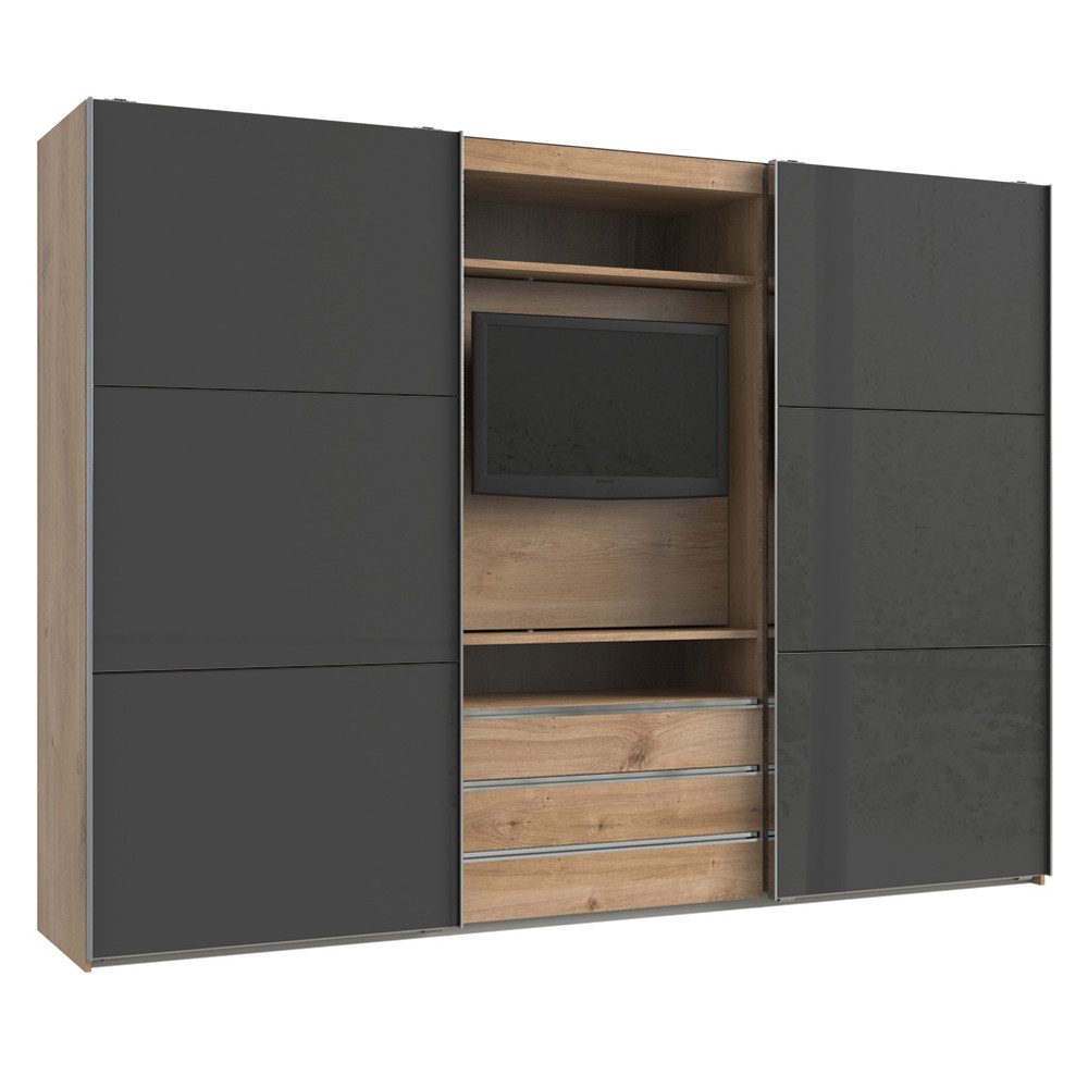 Lomadox Kleiderschrank MIDLAND-43 in Eiche mit grau Schwebetüren Schubladen TV-Halterung 300x216x65 cm