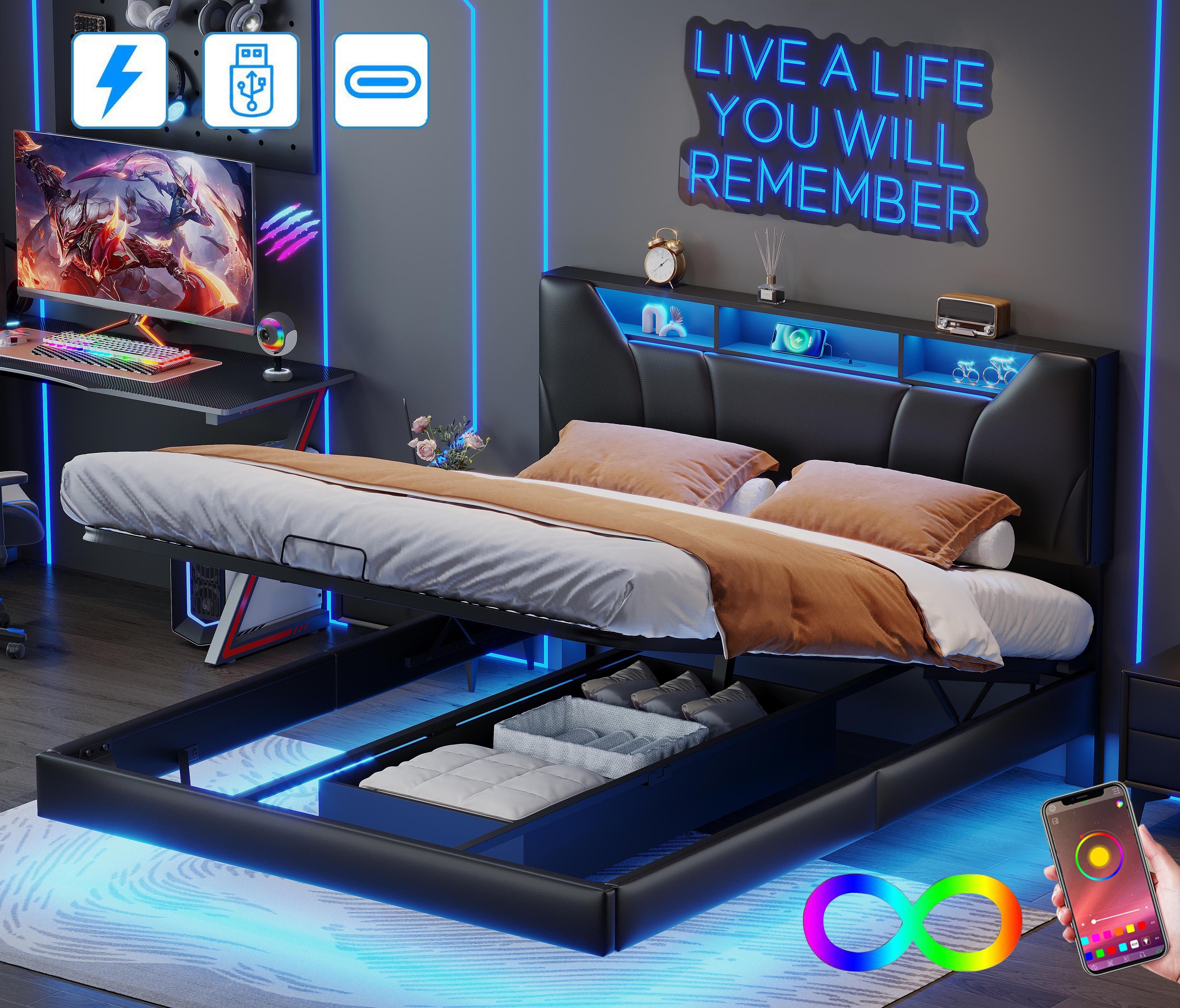 FUROKOY Polsterbett Doppelbett Stauraumbett mit LED-Beleuchtung günstig online kaufen