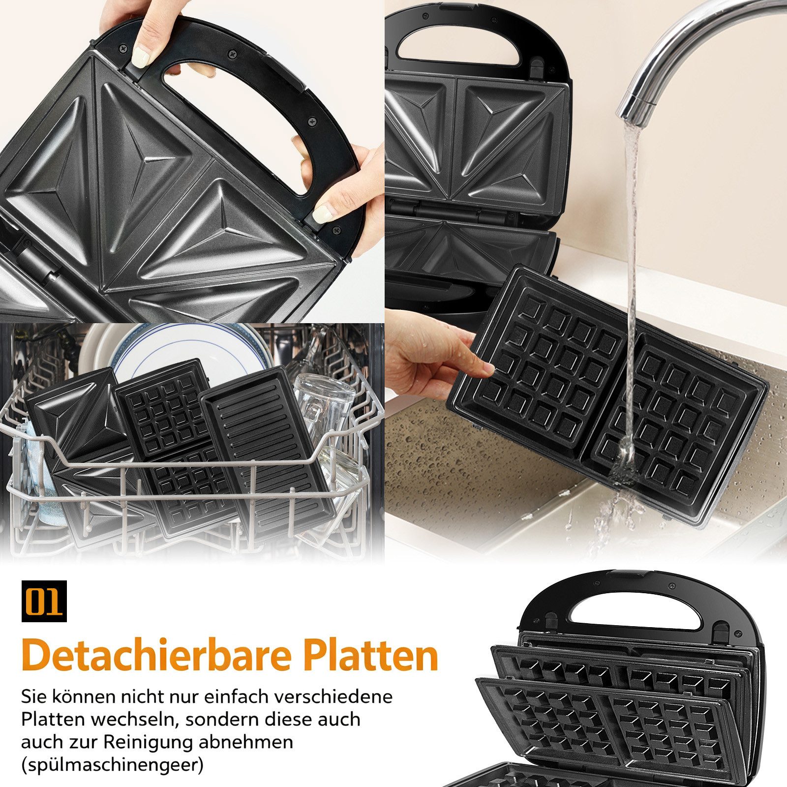 OZAVO 3-in-1-Sandwichmaker Sandwichtoaster, Waffeleisen,Kontaktgrill 23*23cm, 750 W, Antihaftbeschichtete abnehmbare Platten