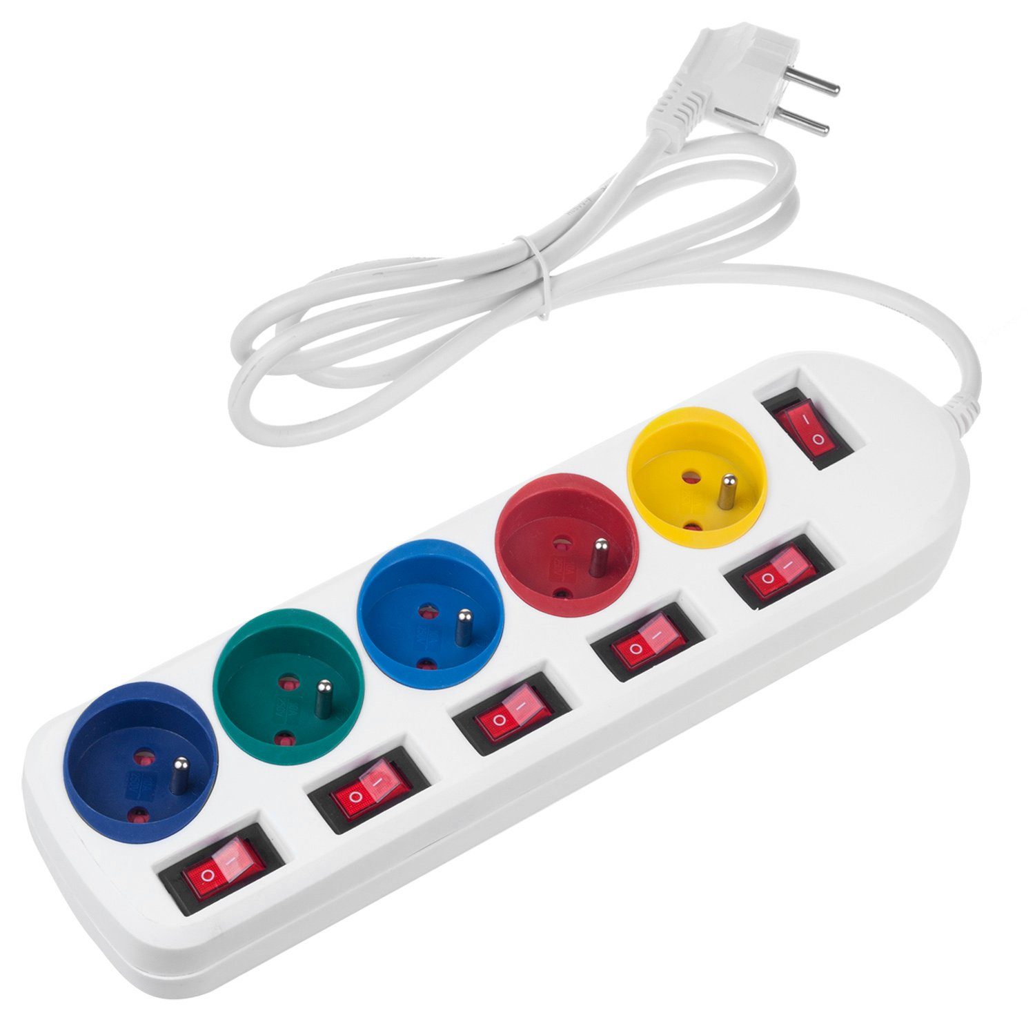 Maclean MCE204 Farbenfroh 5‑fach 1,5 m Kabel (Typ E) Steckdosenleiste 5-fach (Ein- / Ausschalter, separate Ein- / Ausschalter, Schalterbeleuchtung, Kindersicherung, Kabellänge 1.5 m), mit separaten Schaltern LED‑Beleuchtung
