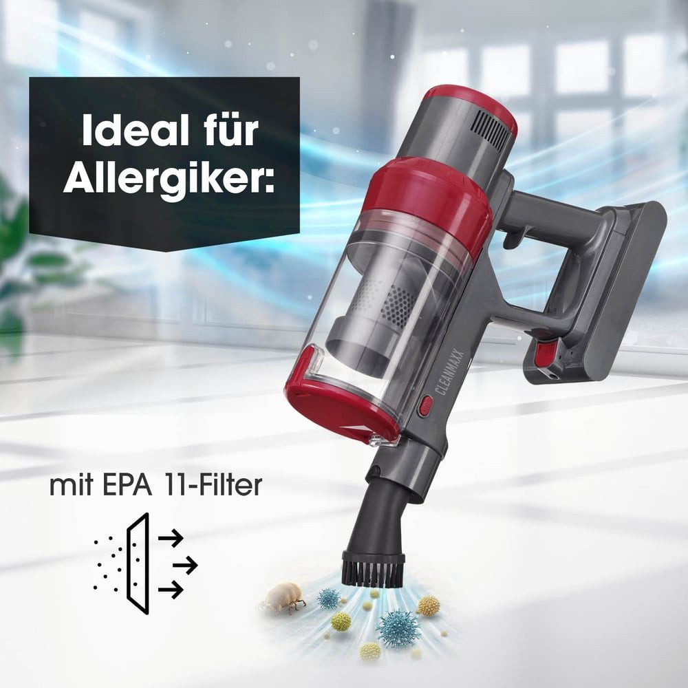 CLEANmaxx Akku-Hand-und Stielstaubsauger Akku-Zyklonsauger, 2 in 1 Handstaubsauger & Bodenstaubsauger, 150 W, beutellos, 22,2-V-Li-Ion-Handstaubsauger Akku, Handsauger mit 12 kPa Saugkraft