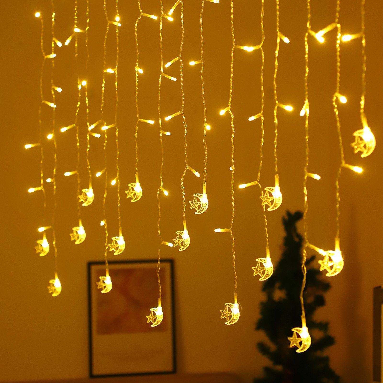 3M, LED-Lichtervorhang Ramadan Zelt Party Rosnek Weihnachten, Schlafzimmer Mondstern, USB, Camping für