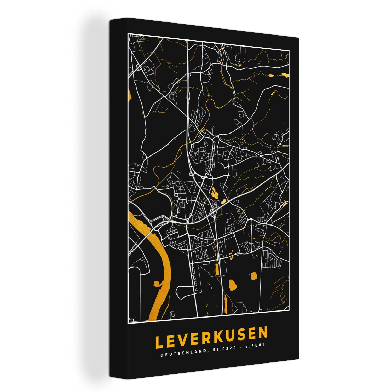 OneMillionCanvasses® Leinwandbild Leverkusen - Gold - Stadtplan - Deutschland - Karte, (1 St), Leinwandbild fertig bespannt inkl. Zackenaufhänger, Gemälde, 20x30 cm