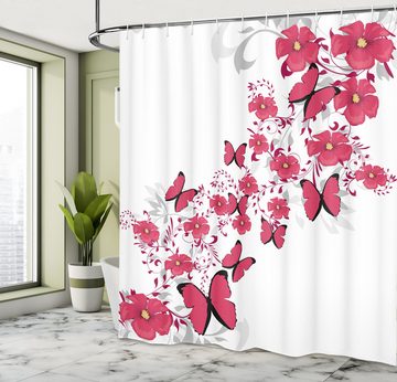 Abakuhaus Duschvorhang Moderner Digitaldruck mit 12 Haken auf Stoff Wasser Resistent Breite 175 cm, Höhe 180 cm, Pink und Weiß Blume Schmetterling