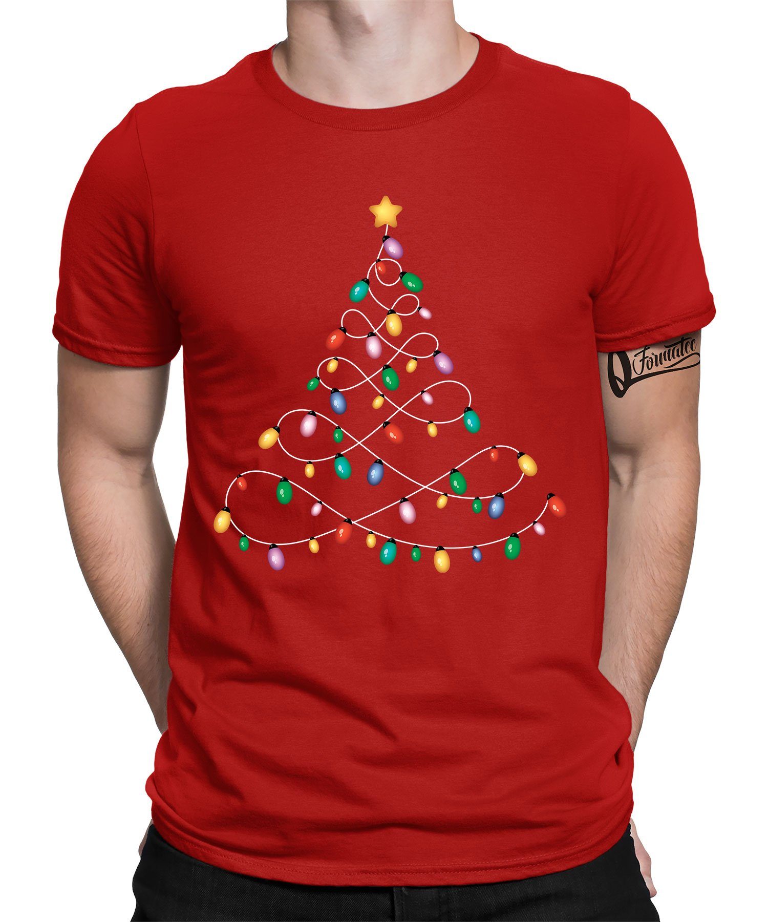 Kurzarmshirt Rot X-mas Weihnachtsbaum (1-tlg) Weihnachten Weihnachtsgeschenk Quattro - Lichterkette Formatee
