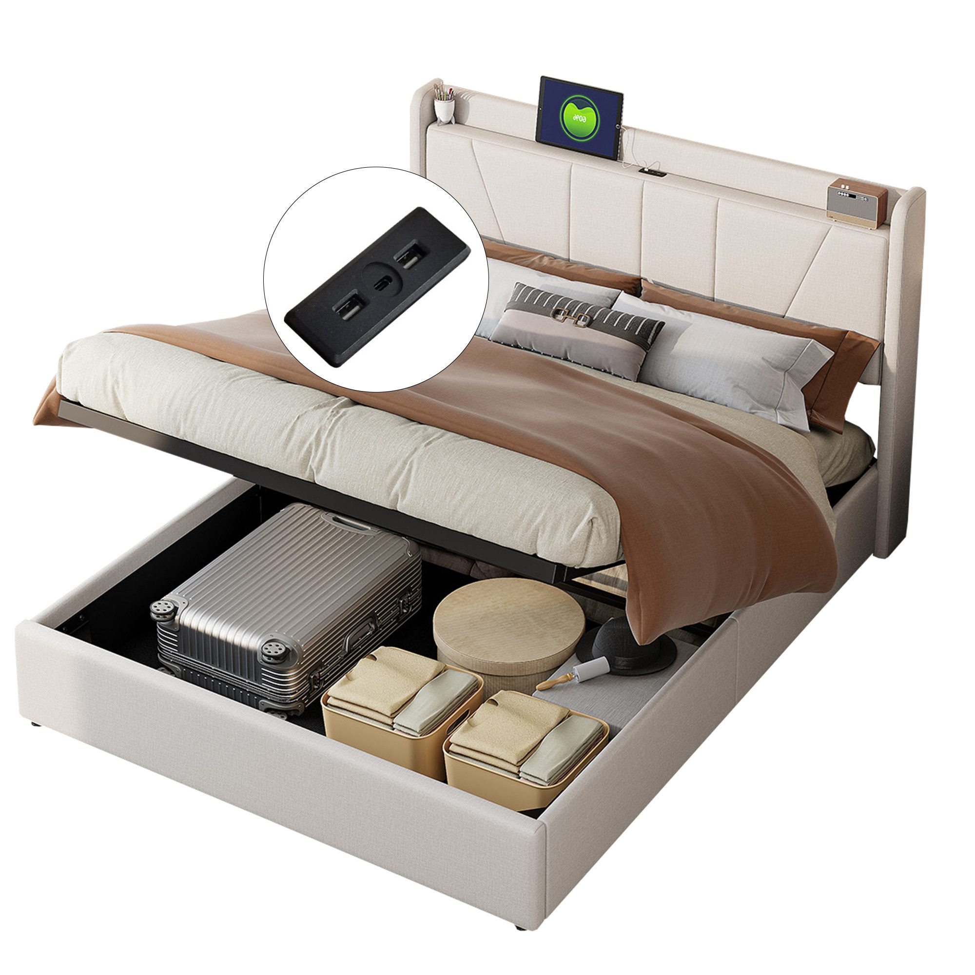 FUROKOY Polsterbett Doppelbett Stauraumbett mit USB/Typ-C günstig online kaufen