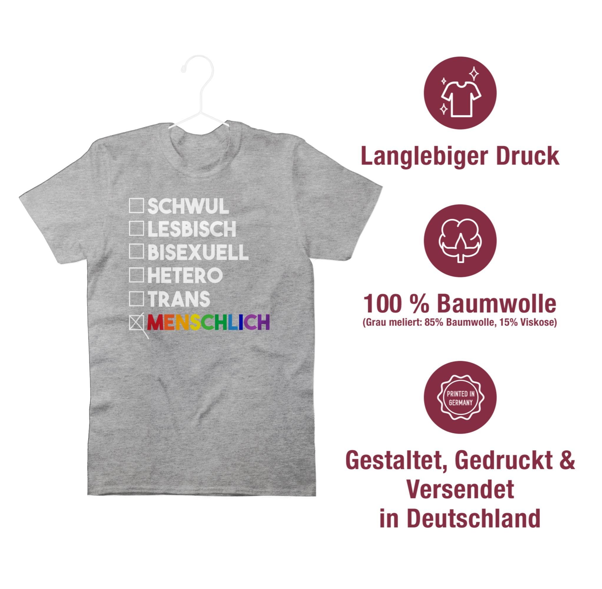 Shirtracer T-Shirt Menschlich - - Regenbogen meliert - weiß Wahl Pride Kleidung 02 Grau - Deine LGBT