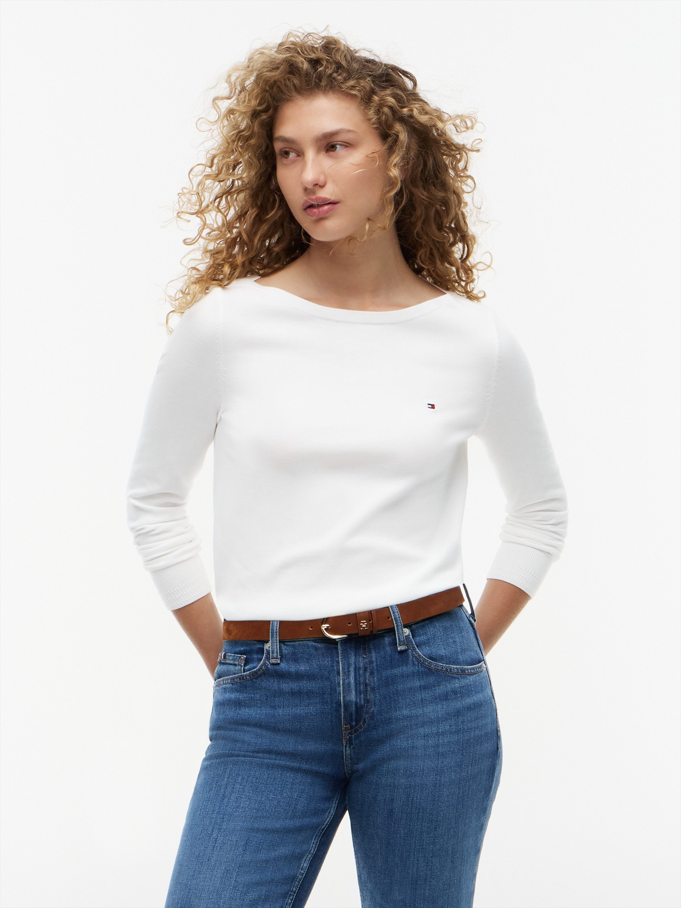 Tommy Hilfiger Strickpullover CO JERSEY STITCH V-NECK SWEATER mit Tommy Hilfiger Logo-Flag, U-Boot-Ausschnitt