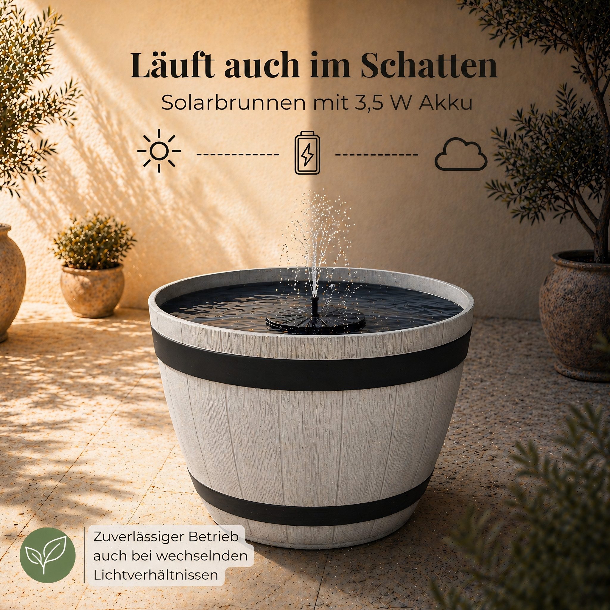 matches21 HOME & HOBBY Wasserspiel Solar Brunnen Set inkl. Akku - 51 cm Schale in Holzoptik braun, (2 tlg), Solar Springbrunnen und Brunnenschale als Gartendeko