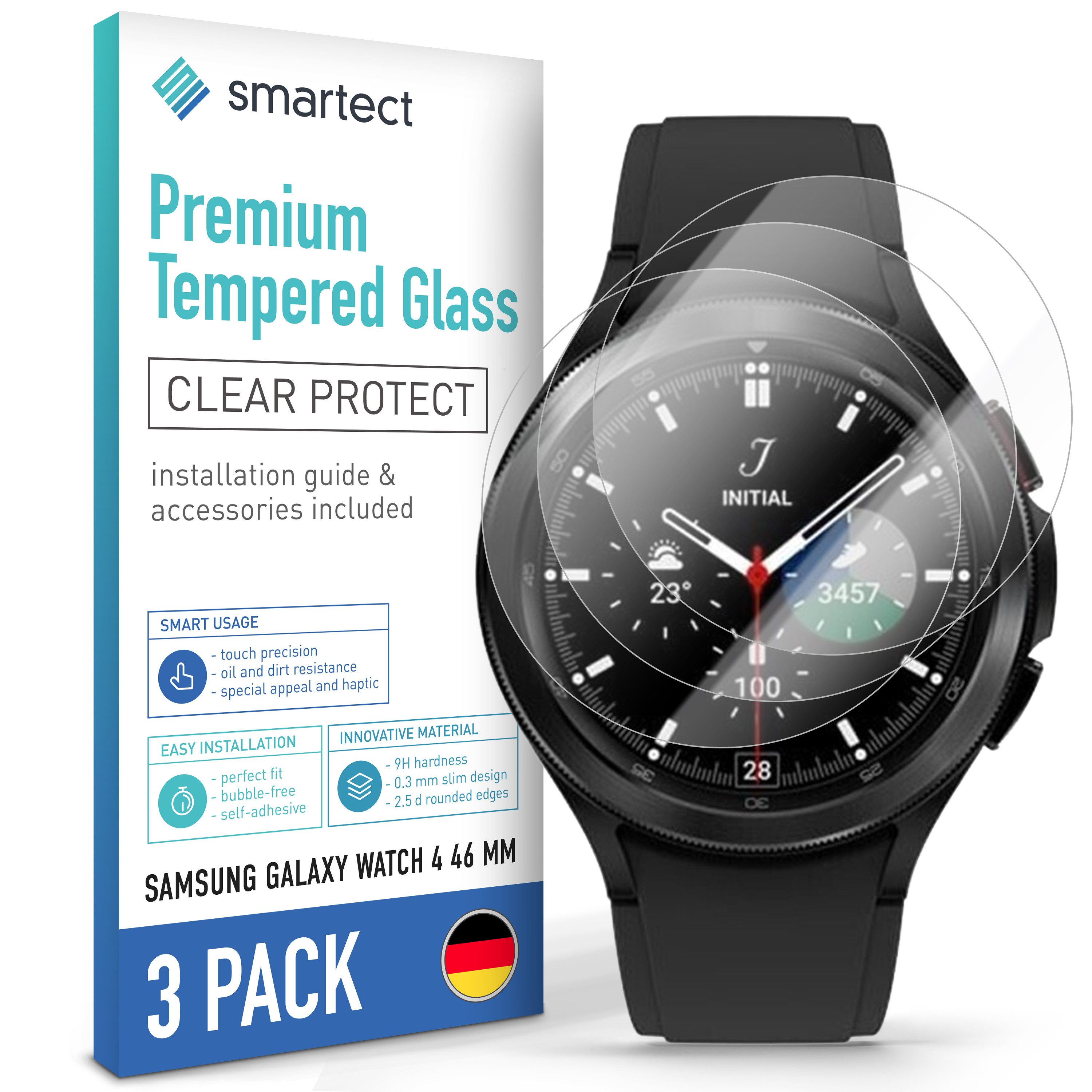 smartect Displayschutzglas Schutzglas Panzerfolie Klar für Galaxy Watch 4 46 mm, Set, 3 Stück, Schutzfolie Glasschutz Bildschirm