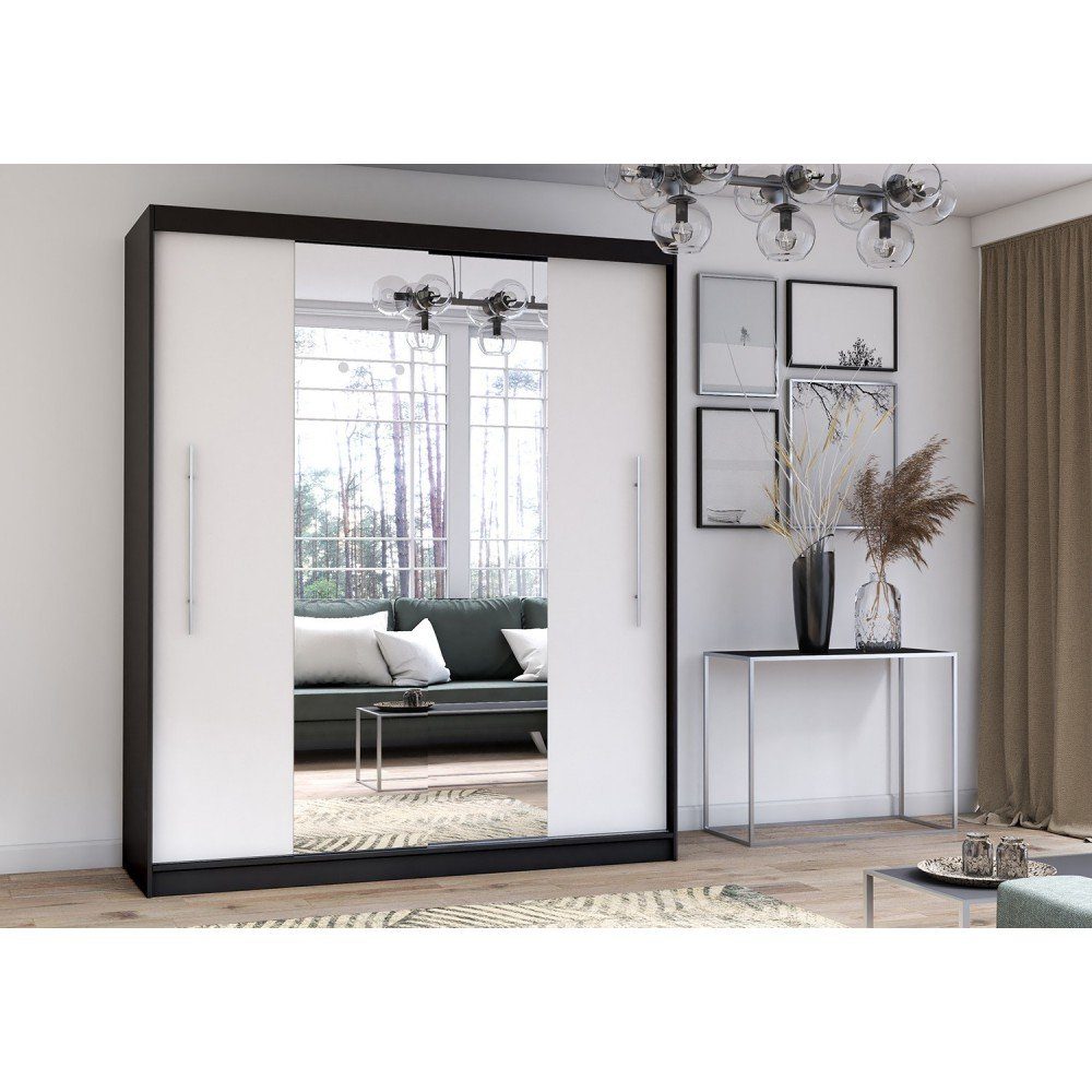 schwarz Home Comfort mittig Polini Prime | in 204x218x58 Schwebetürenschrank Spiegel Schwarz-Weiß cm schwarz-weiß