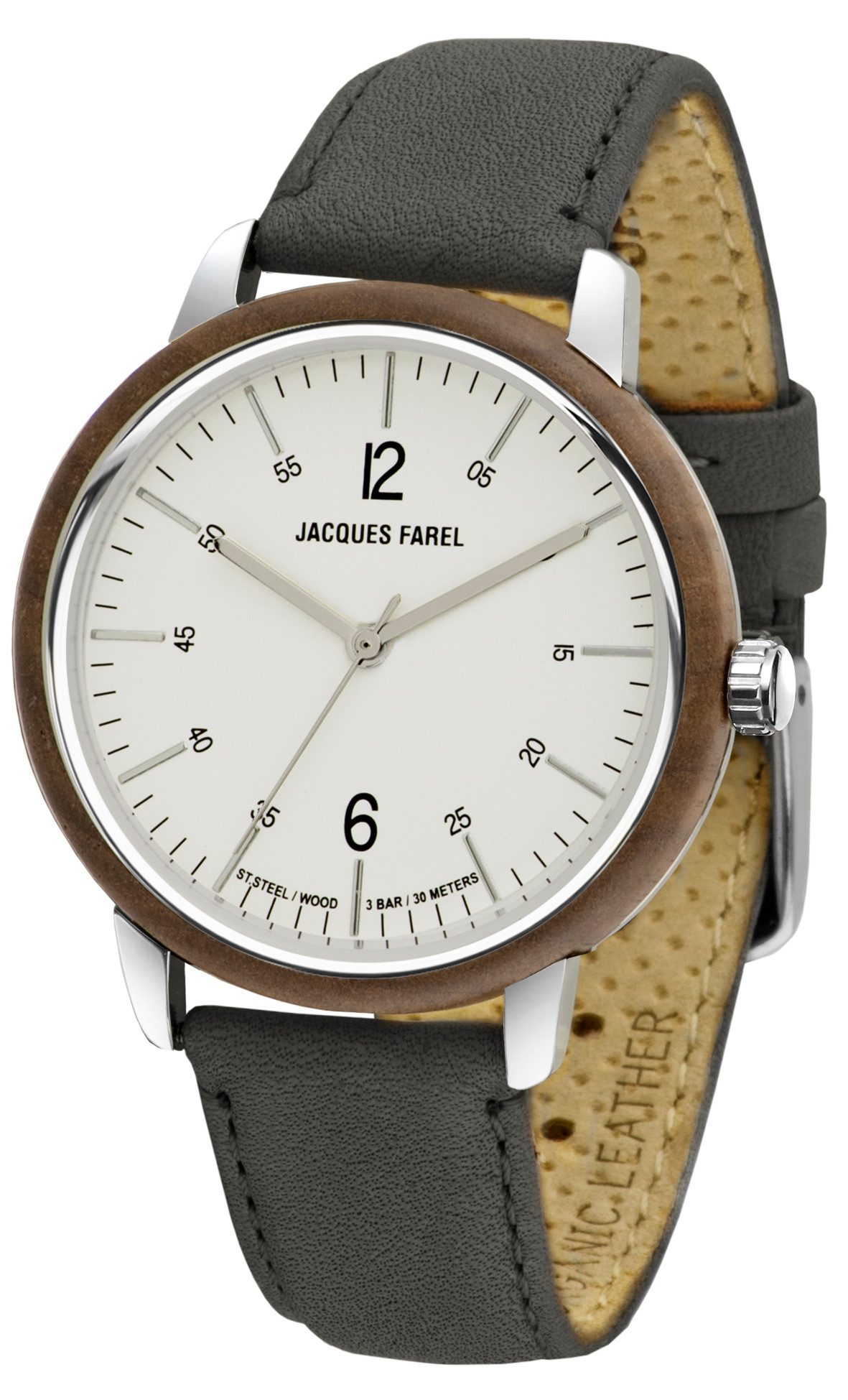 Jacques Farel Quarzuhr ORW1010 nachhaltige Damen Armbanduhr Stahlgehäuse Holzring Lederband 3 bar, Analog Schwarz Dunkelbraun Holzuhr Geschenk Frauen Ø38 mm