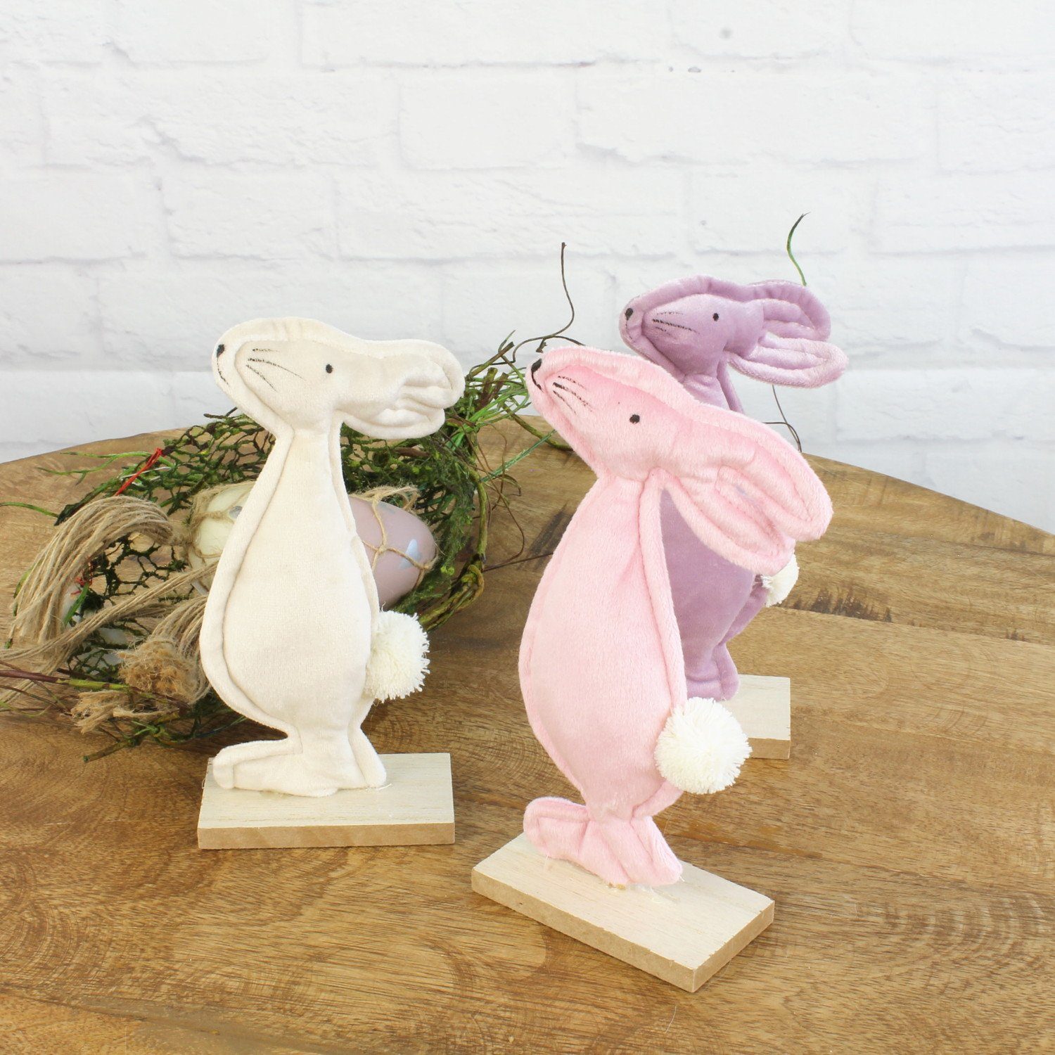 Macosa Home Osterhase 3er Set Osterdeko Dekofigur Ostern bunt, Samt Dekohase Holzhase Osterhase