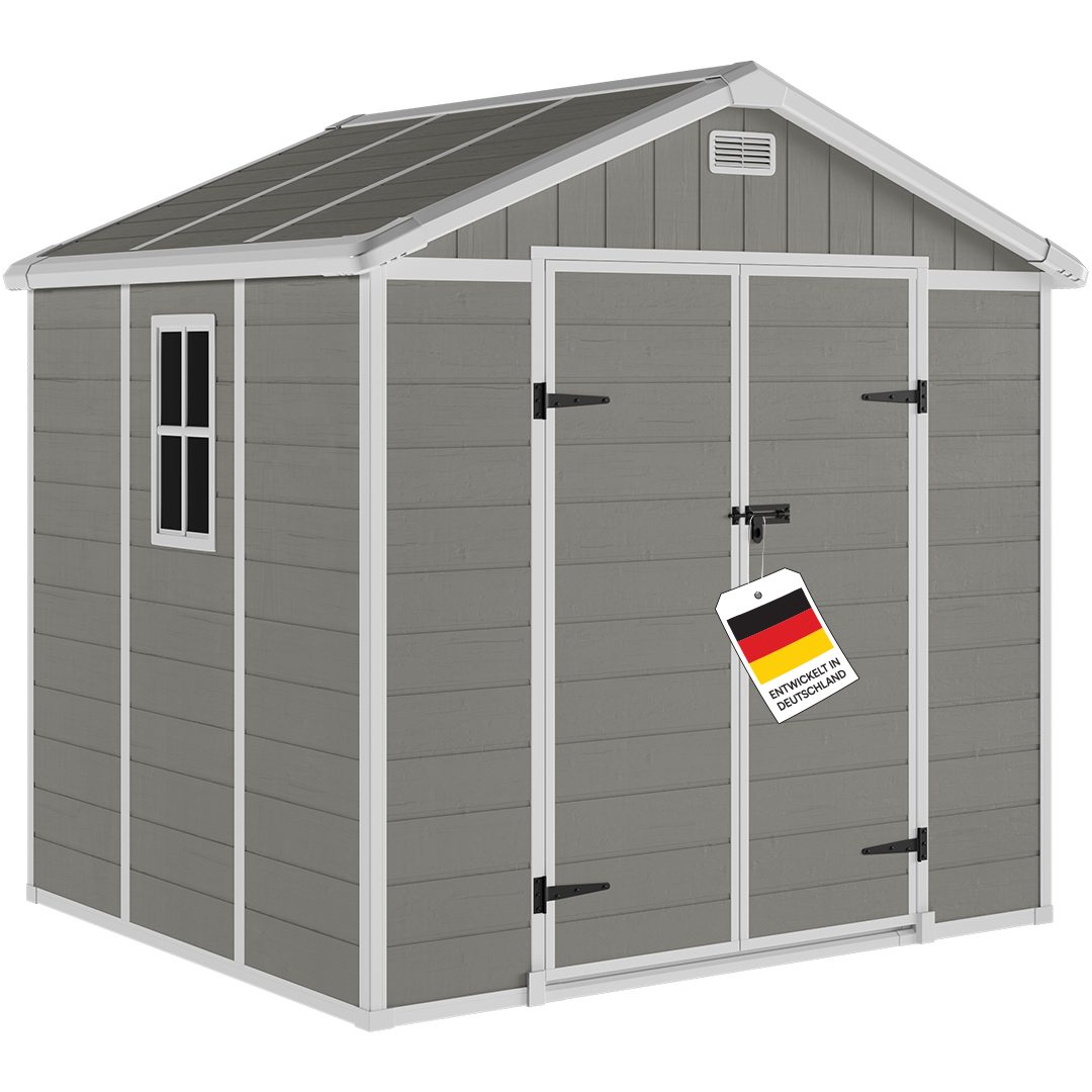 STEELSØN Gerätehaus Novara Gartenhaus mit Bodenplatte, wetterfest, Schuppen inkl. Fenster, Grau, Geräteschuppen mit Satteldach XL, Gartenschuppen aus Kunststoff