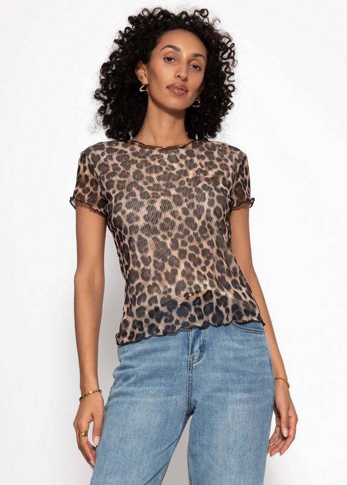 SASSYCLASSY T-Shirt Mesh Shirt mit Leo-Print für Damen Figurbetontes T-Shirt mit gewellten Abschlüssen an Saum und Ärmeln