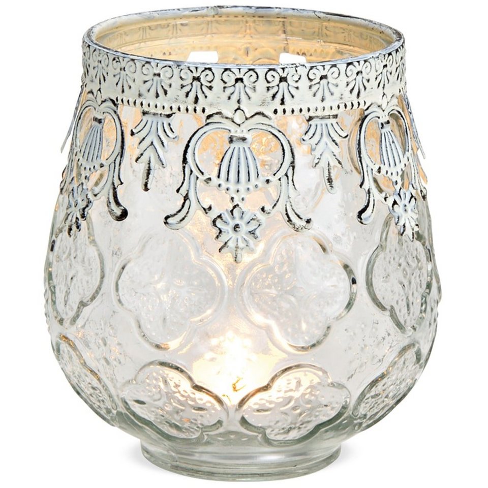 matches21 HOME & HOBBY Kerzenständer Windlicht orientalisch Kerzenhalter  Glas Metall weiß 11 cm