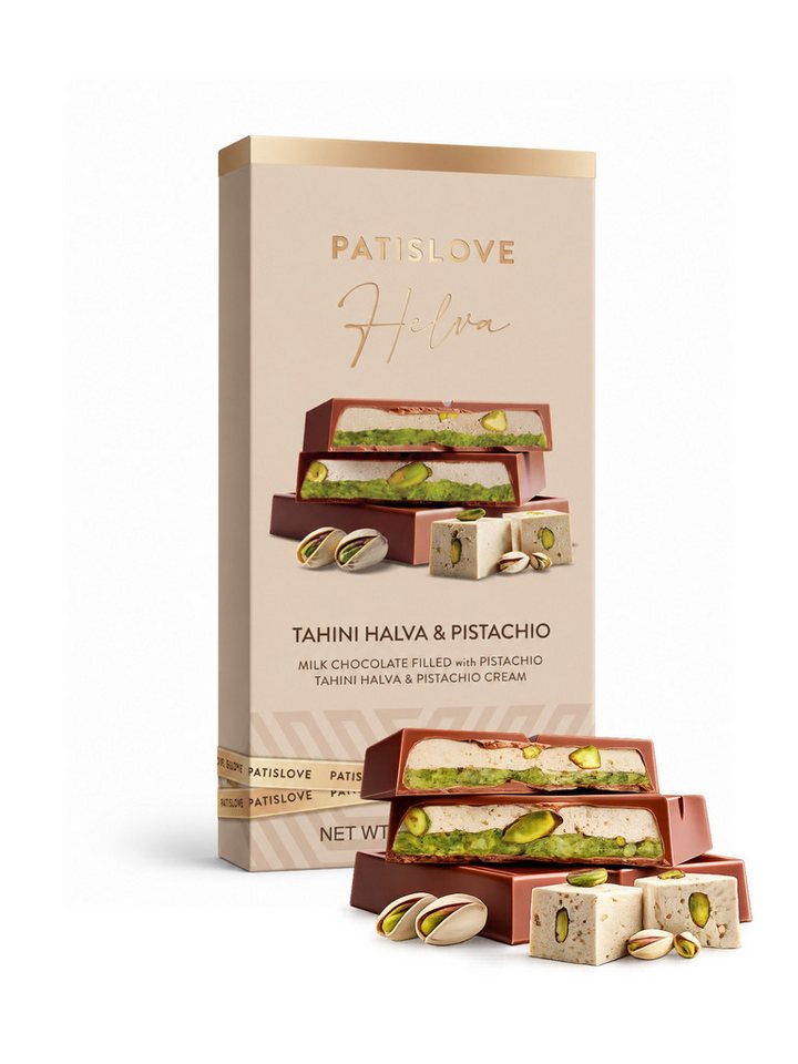 PATISLOVE Schokolade Vollmilchschokolade mit Tahini Halva & Pistaziencreme 100g, ohne Konservierungsstoffe, ohne Farbstoffe