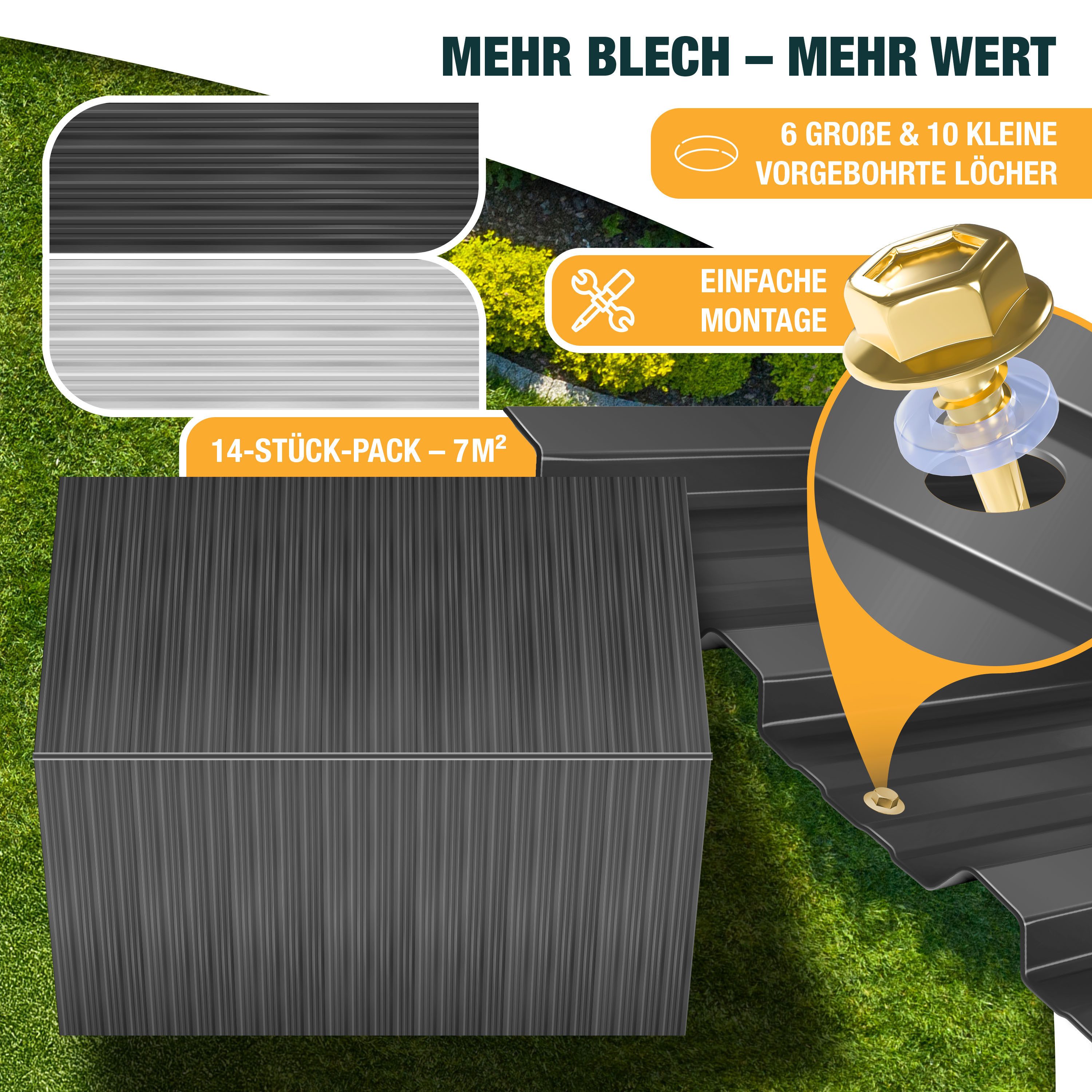 KESSER Trapezblech 14x Profilblech 110cm x 46cm = 7 m², Metall, (14er Set Dachbleche für Gerätehaus inklusive Montagehandschuhe) Dachplatten aus verzinktem Stahl 0,25mm