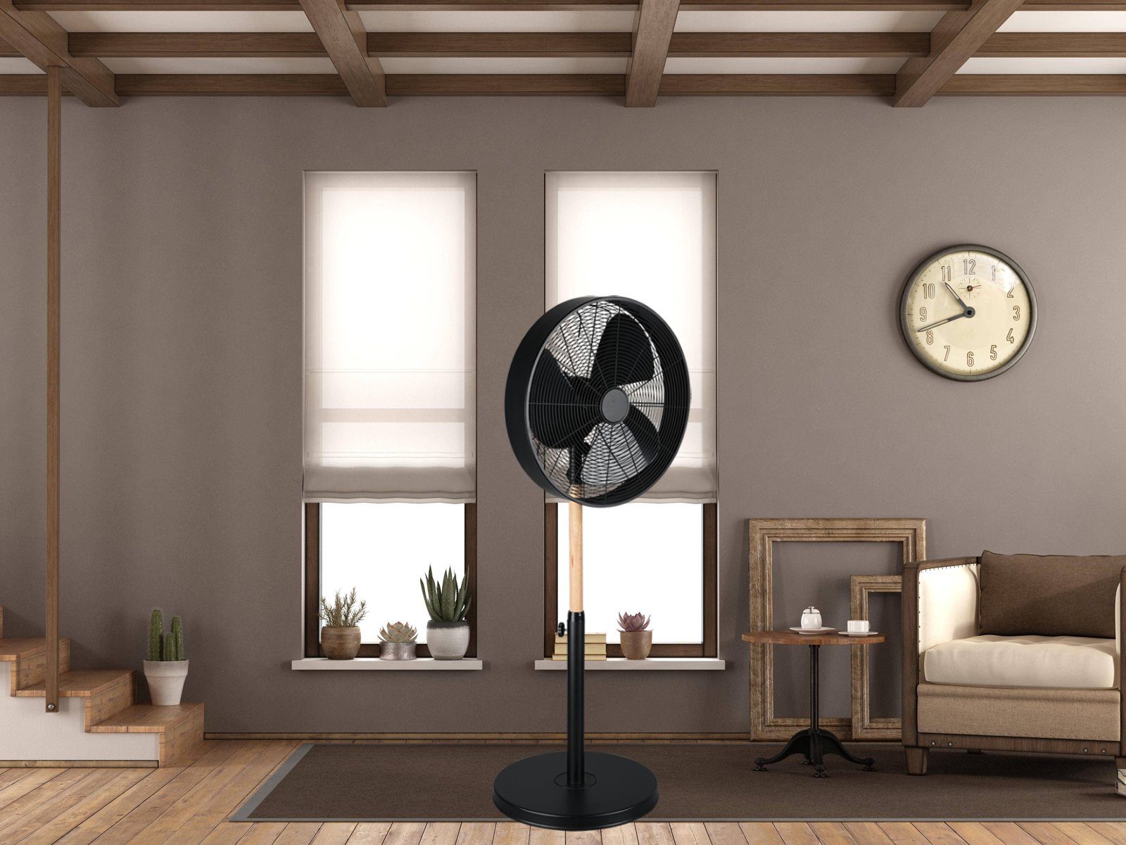 Windmaschine leise Design Holz TRIO Standventilator, Raumlüfter Großer Zimmerventilator mit