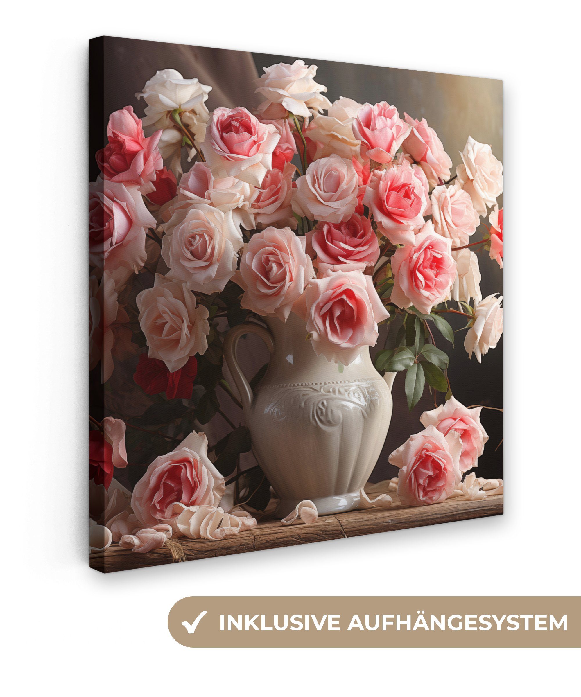 OneMillionCanvasses® Leinwandbild Blumen - Rosen - Vase - Stilleben - Blumenstrauß, Fotodruck (1 St), Wandbild, Deko Schlafzimmer Wohnzimmer Flur 20x20 cm