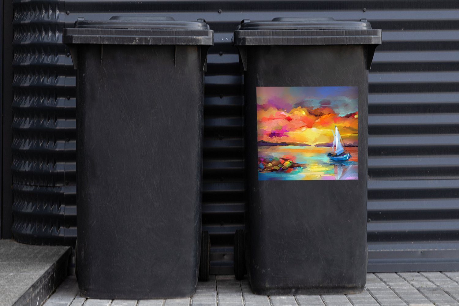 Abfalbehälter Boot Malerei Farben St), Container, - - Sticker, Ölfarbe Mülleimer-aufkleber, (1 Wandsticker MuchoWow - Mülltonne,