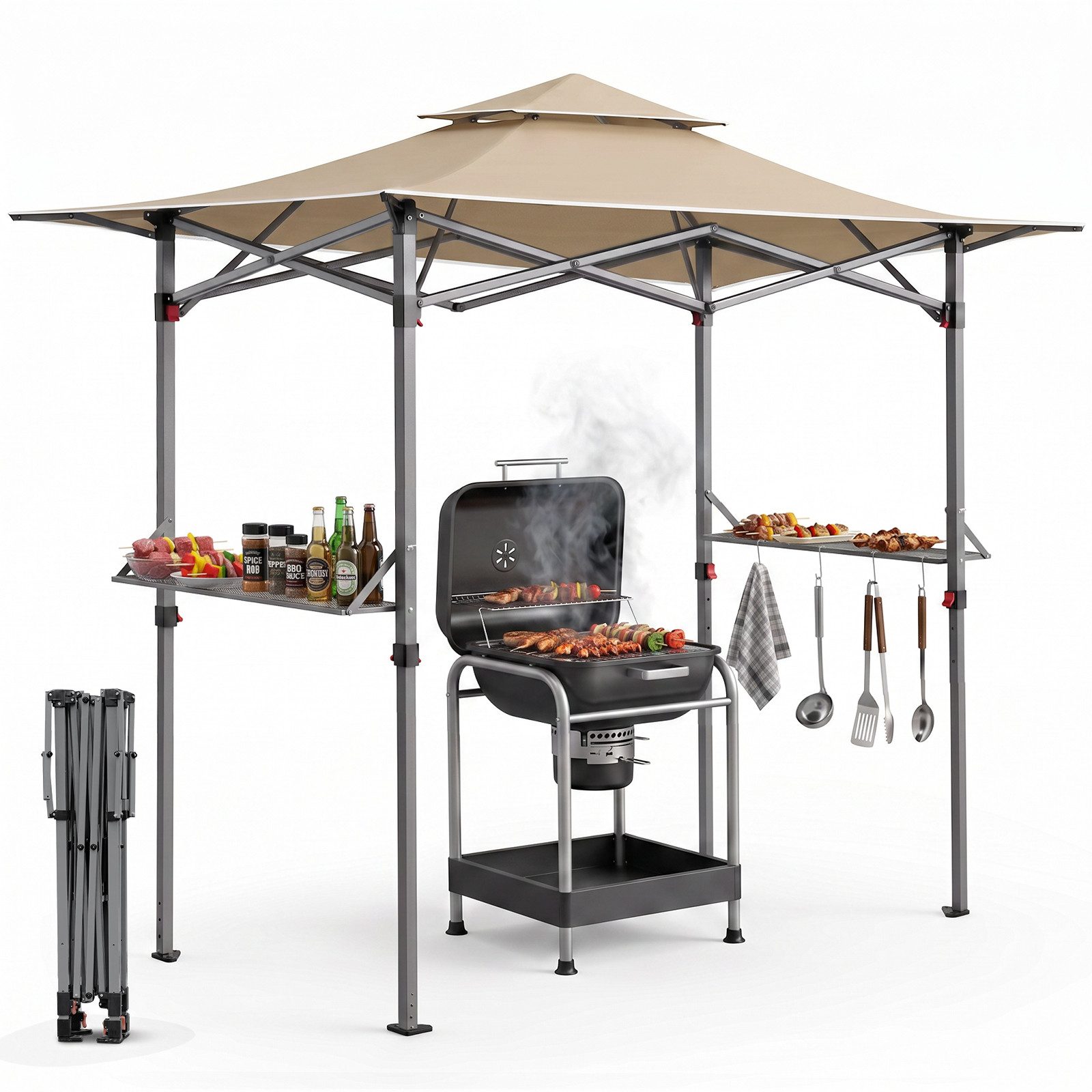 Sekey Grillpavillon Faltbar Pavillon 250 x 150 cm Grillpavillon winterfest und wasserdicht, Partyzelt Grillpavillon, BBQ Pavillon, Ablage mit Haken