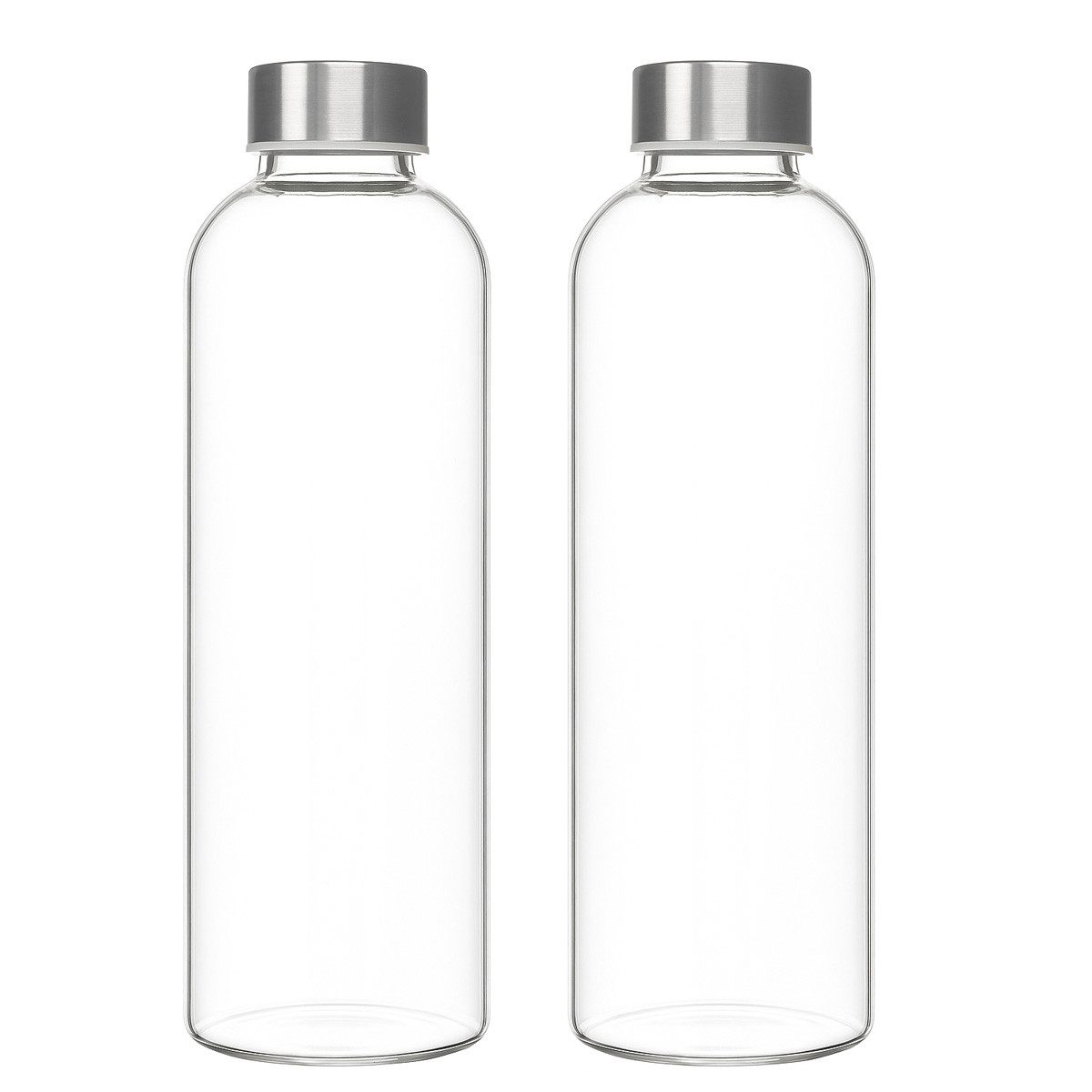 mixed24 Trinkflasche 2x Trinkflasche aus Glas 1 Liter Edelstahl Wasserflasche Glasflasche, auslaufsicher, Dichtung aus Silikon