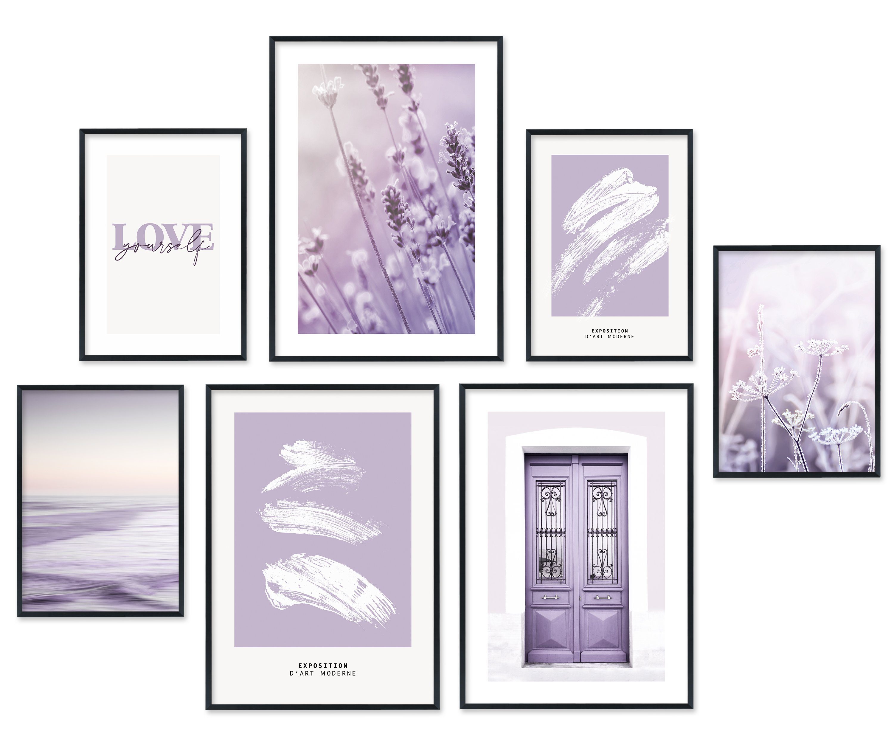 Hyggelig Home Poster Lavendel - Premium Poster Set OHNE & MIT Rahmen - 7 Wandbilder lila, Pflanzen (Set, 7 St), Collage Love, Qualitätsdruck auf dickem Papier