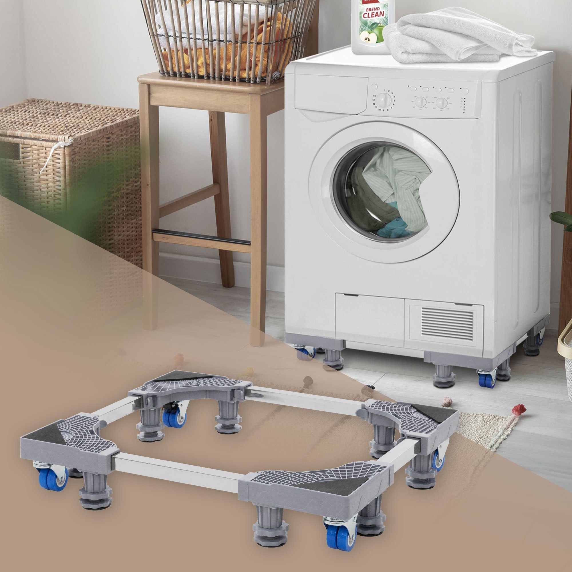ECD Germany Waschmaschinenuntergestell Waschmaschinenznterschrank  Waschmaschinensockel Erhöhung Unterbau, beweglich mit 8 Füßen 4 Räder  verstellbar Breite 43-66cm Höhe 10-13cm