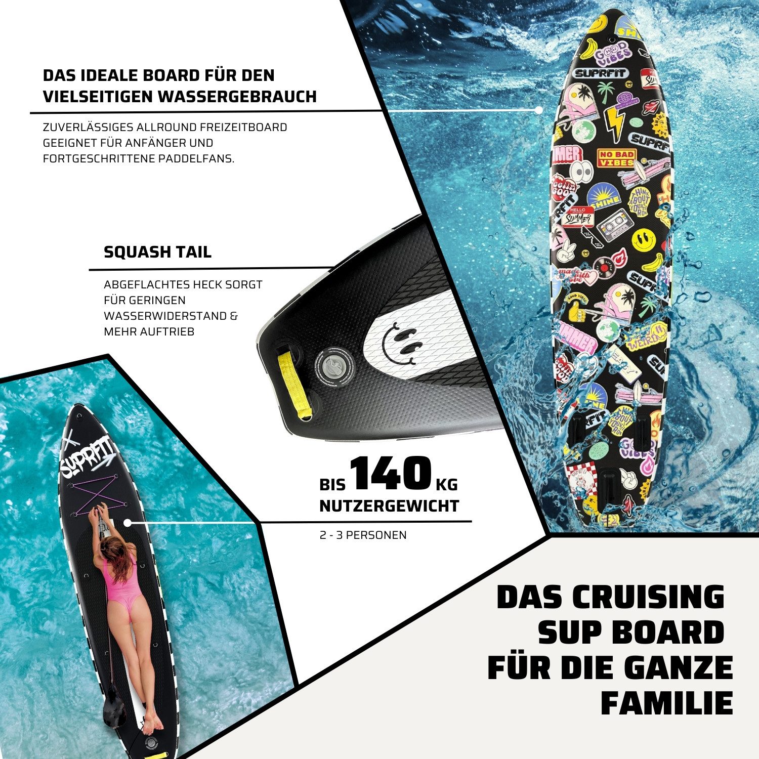 SF SUPRFIT Inflatable SUP-Board Suprfit SUP Board Set Stickers Black inkl. Sitz und Kajak Paddle, Touring, mit Kajaksitz