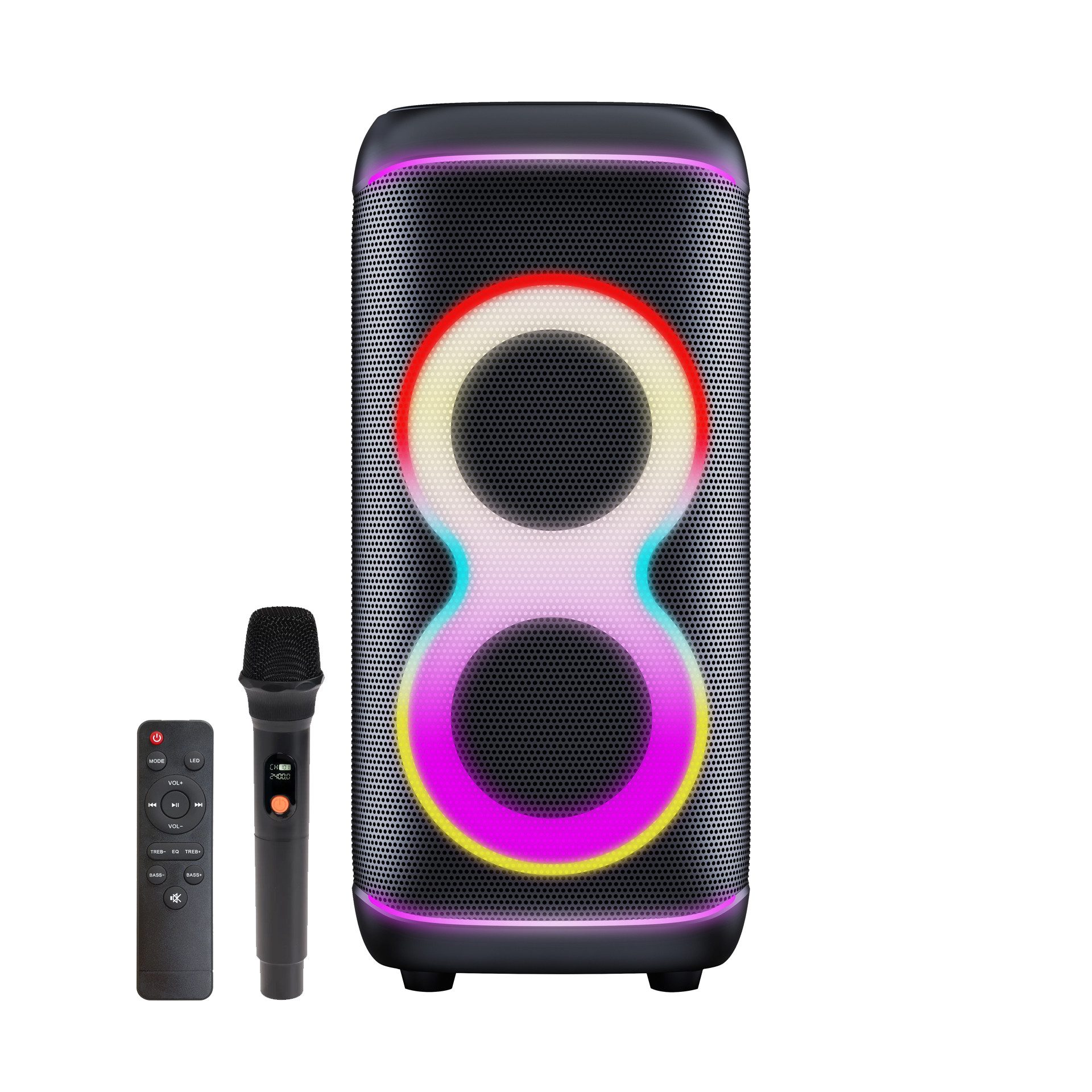 Denver BPS-370 Party-Lautsprecher 1.0 (Dual Woofer) (100 W, Lichtshow mit Light-to-Music-Funktion, EQ-Modi & Karaoke-Funktion)