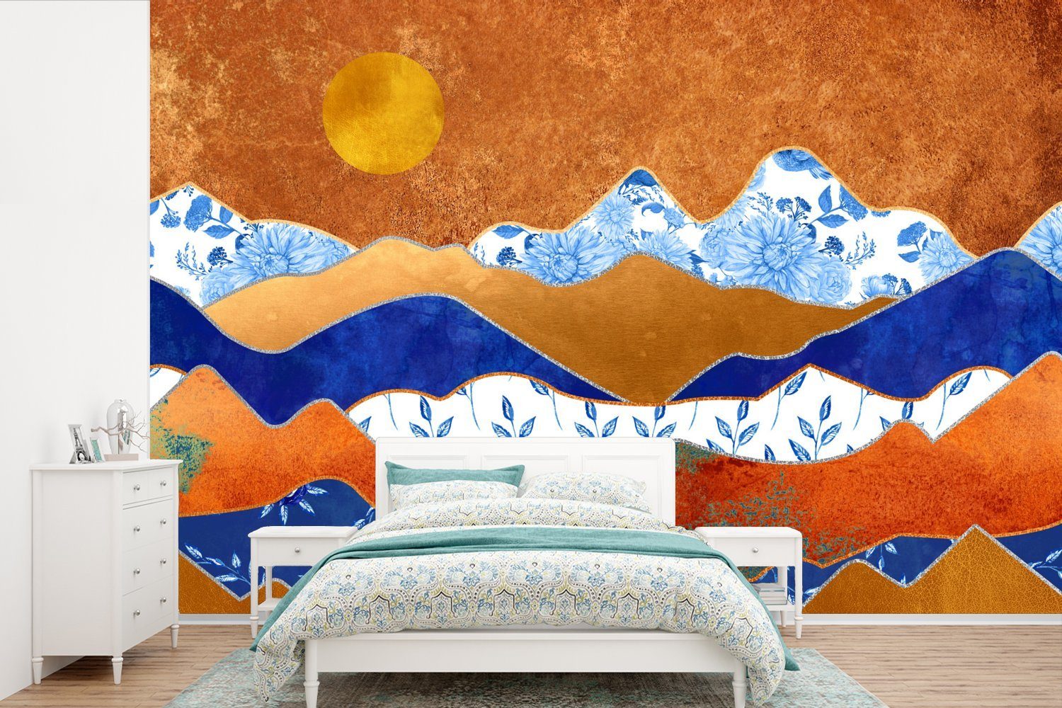 MuchoWow Fototapete Delfter Blau - Gold - Muster, Matt, bedruckt, (6 St), Wallpaper für Wohnzimmer, Schlafzimmer, Kinderzimmer, Vinyl Tapete