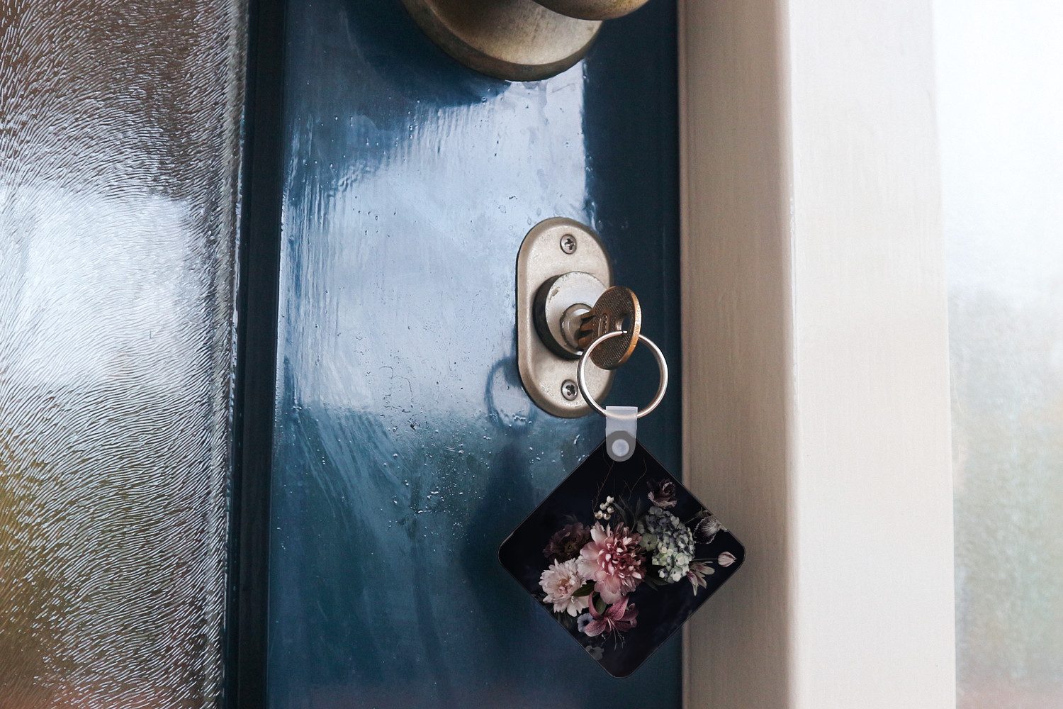 MuchoWow Schlüsselanhänger Blumen - Vintage - Pastell - Rosa - Weiß, Quadratisch, Accessoire Auto / Haus / Rucksack / Handtasche, 5x5 cm