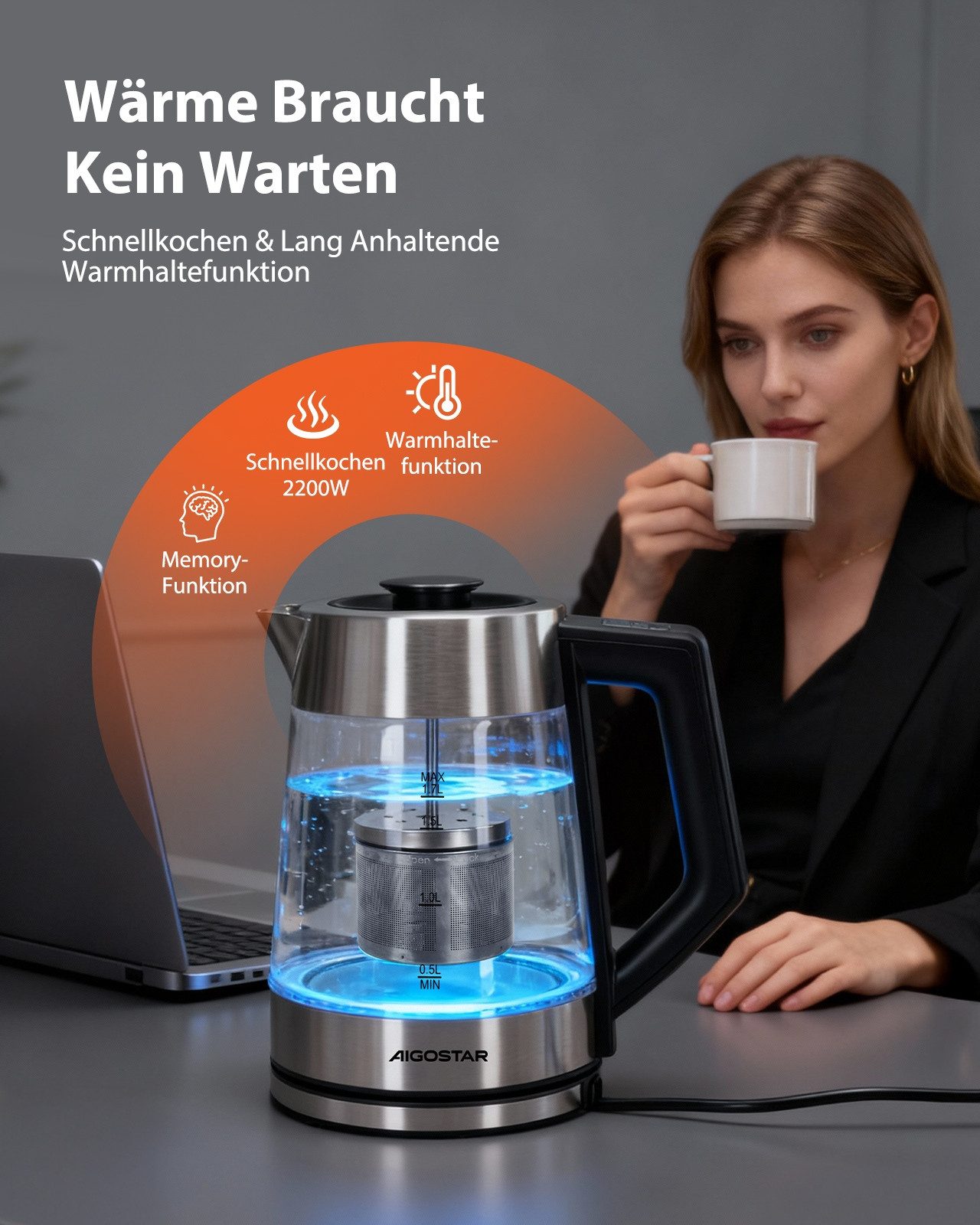 Aigostar Wasserkocher 5 präzise Temperatureinstellungen, Keramikbeschichtung, Kalkfrei, 1.7 l, 2200 W, Keramikbeschichtung, Schnelles Kochen, Warmhaltefunktion, – Bild 4 von 5