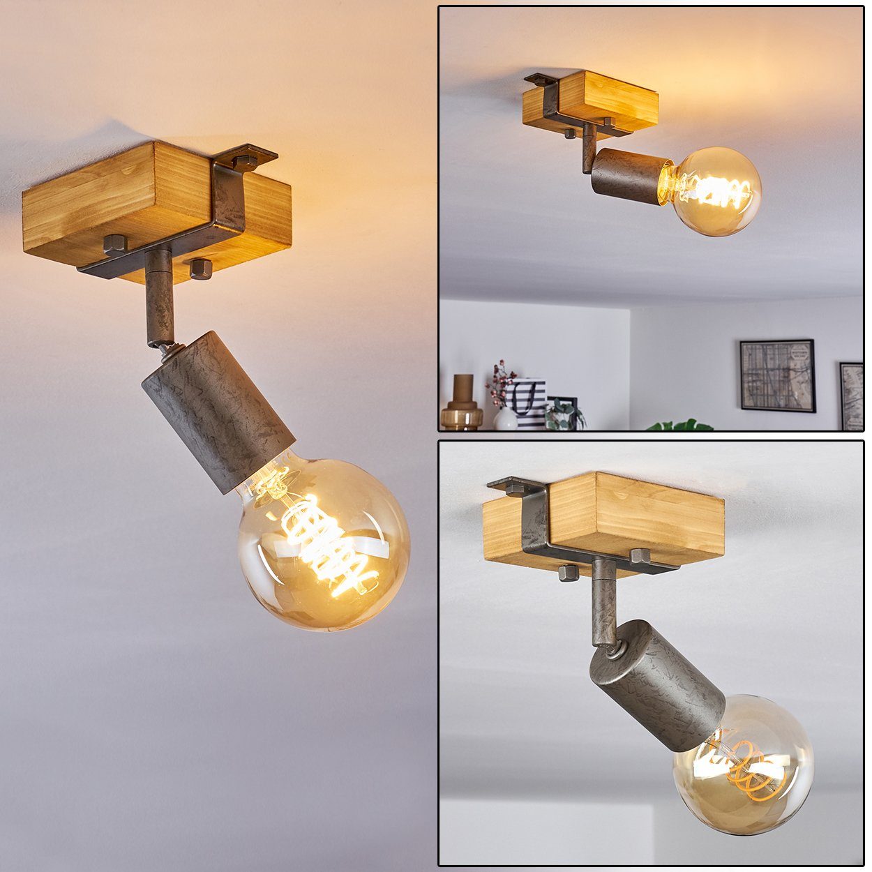 Wandlampe verstellbare Grau/Natur, Leuchtmittel, Fassung, Deckenleuchte 1xE27 Wandspot »Faro« Metall/Holz im Industrial-Design hofstein in ohne aus