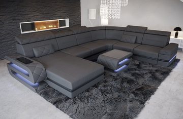 Sofa Dreams Wohnlandschaft Ledersofa Bologna XXL U Form Leder Sofa, Couch, mit LED, wahlweise mit Bettfunktion als Schlafsofa, Designersofa