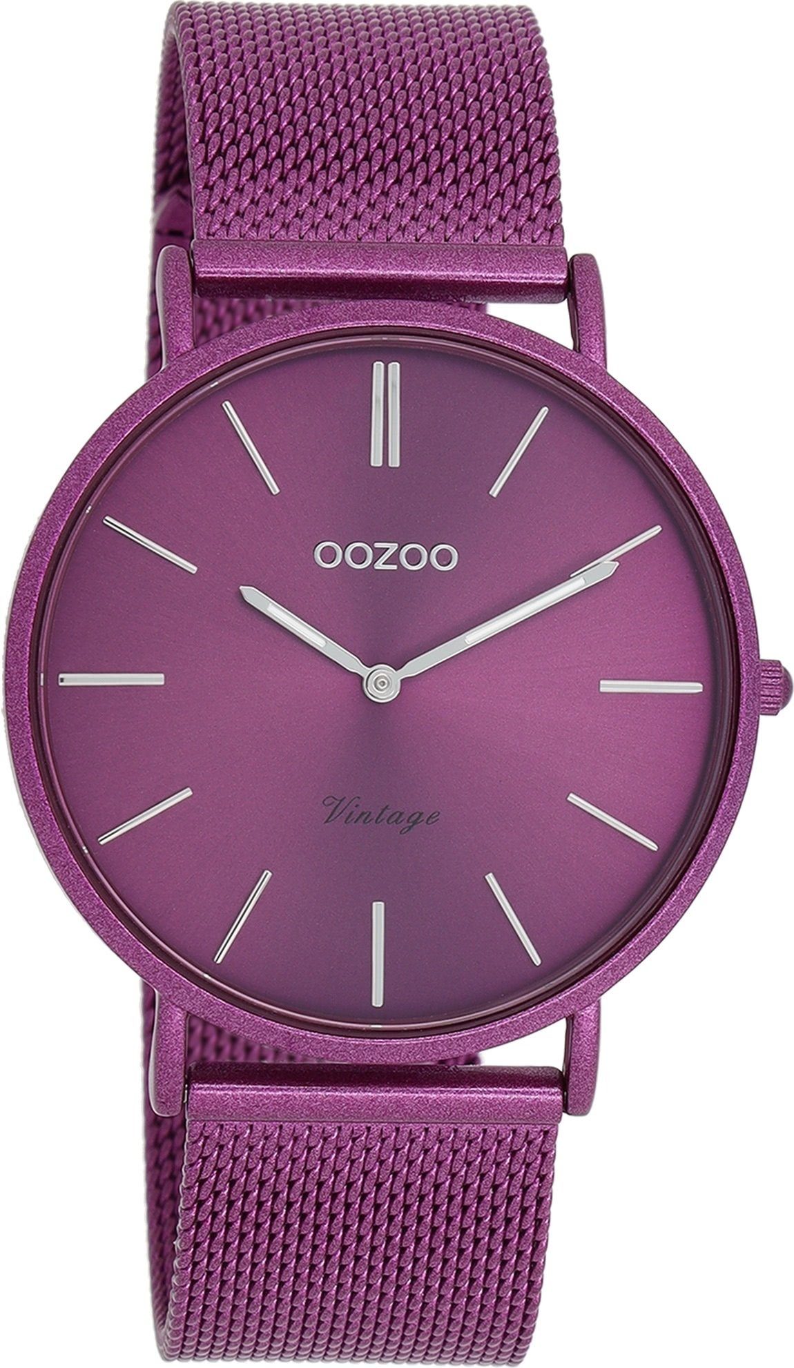 OOZOO Quarzuhr Oozoo Damen Armbanduhr Vintage Analog, (Analoguhr), Damenuhr rund, groß (ca. 40mm), Edelstahlarmband lila, Fashion