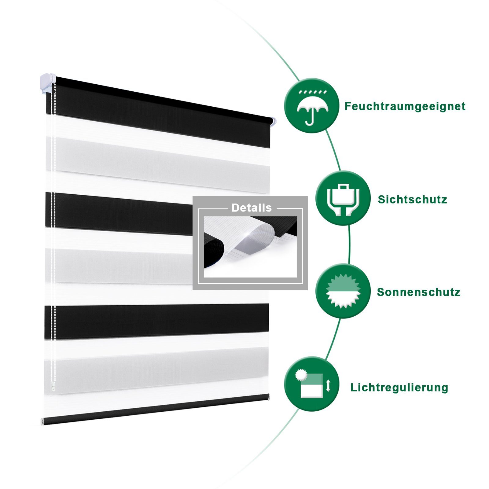 Doppelrollo ohne Bohren 130cm/150cm/230cm, OUBO, freihängend, Klemmfix, rollo für Fenster und Tür mit Klemmträger Lichtschutz und Sichtschutz – Bild 5 von 5