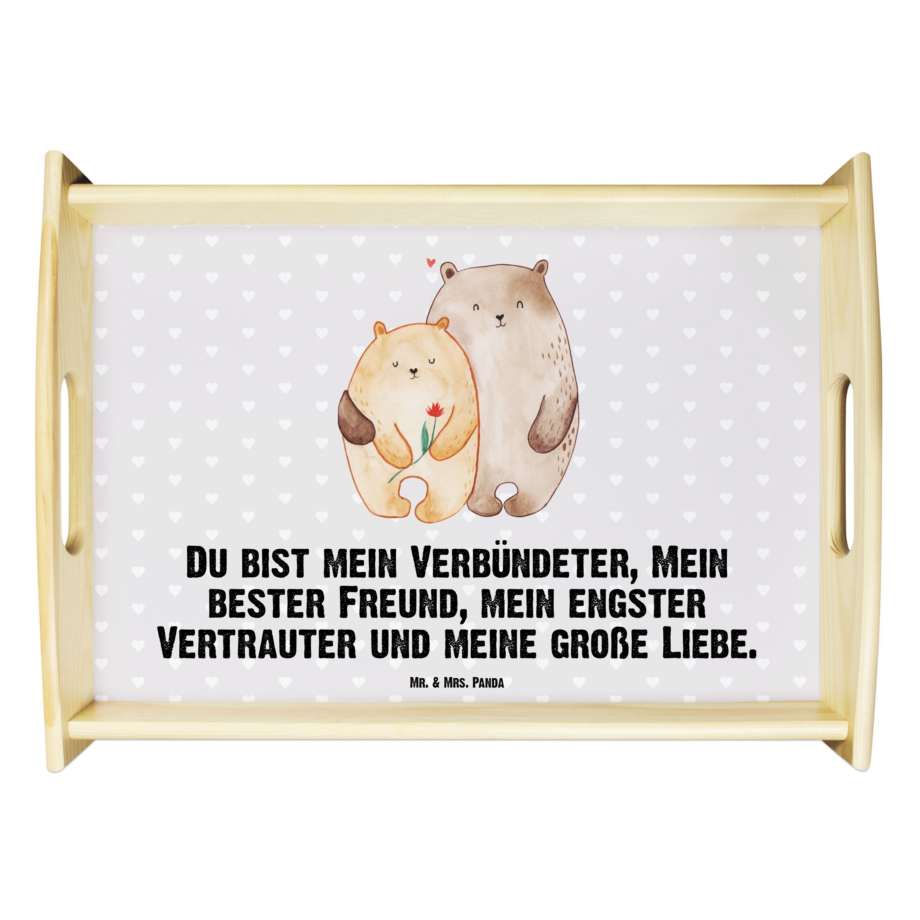 Mr. & Mrs. Panda Tablett Bären Liebe - Grau Pastell - Geschenk, Freundin, Blume, Geschenk Freu, Echtholz lasiert, (1-tlg)