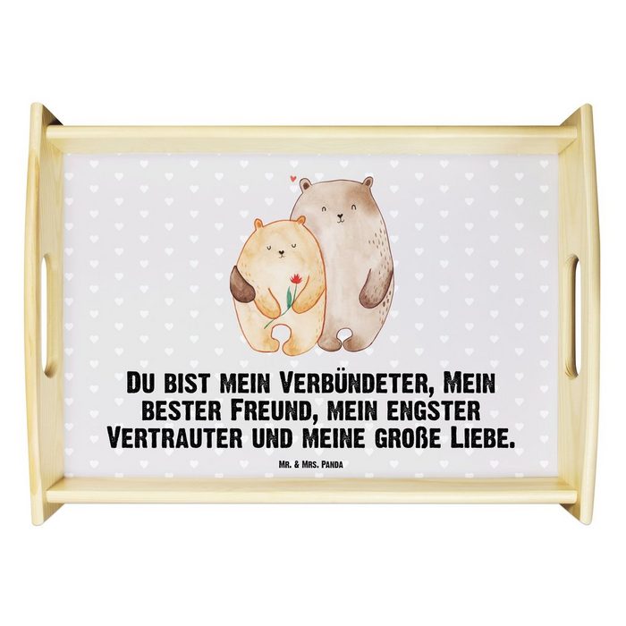 Mr. & Mrs. Panda Tablett Bären Liebe - Grau Pastell - Geschenk Freundin Blume Geschenk Freu Echtholz lasiert (1-tlg)